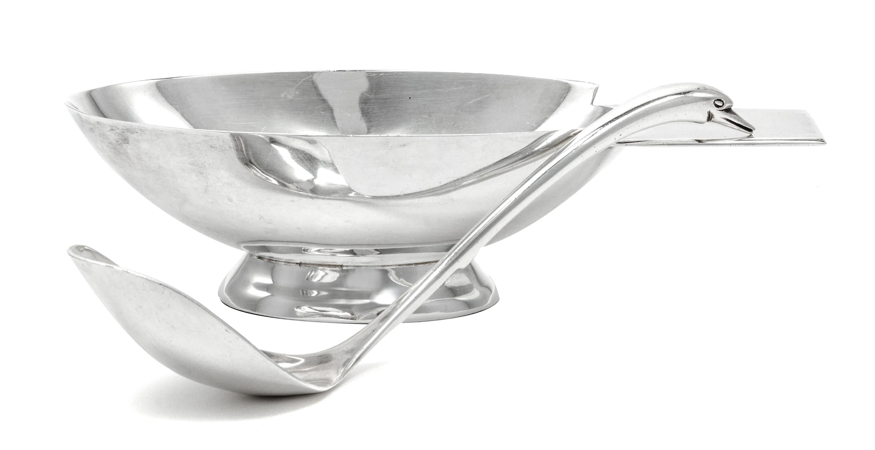 A Mexican Silver Sauce Boat and Ladle, Juvento Lopez Reyes, Mexico City, Early 20th Century, the ladle in the form of a swan.