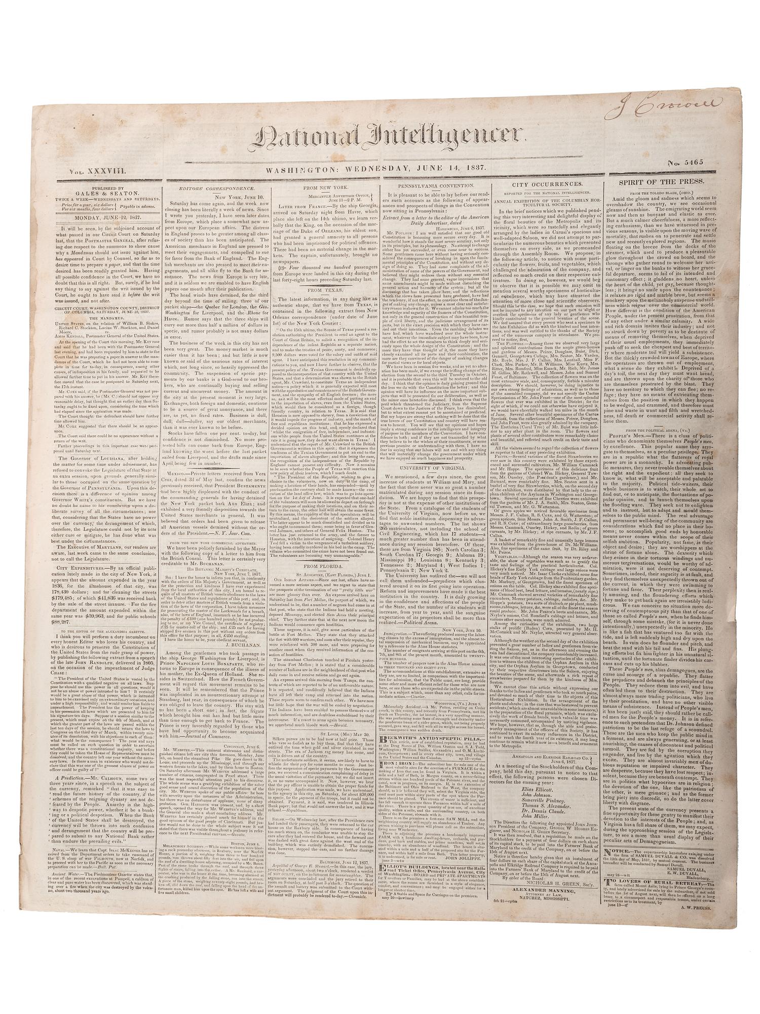 [SLAVERY & ABOLITION]. Advertisements for the return of freedom seekers published in 8 issues of The National Intelligencer . Washington, DC: May-August 1837.
