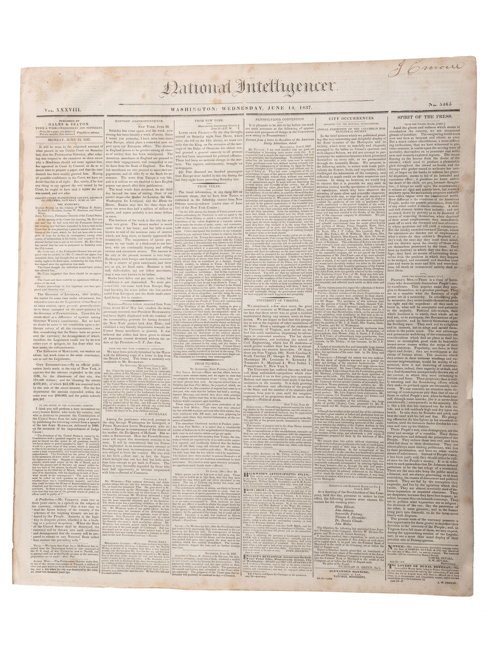 [SLAVERY & ABOLITION]. Advertisements for the return of freedom seekers published in 8 issues of The National Intelligencer . Washington, DC: May-August 1837.