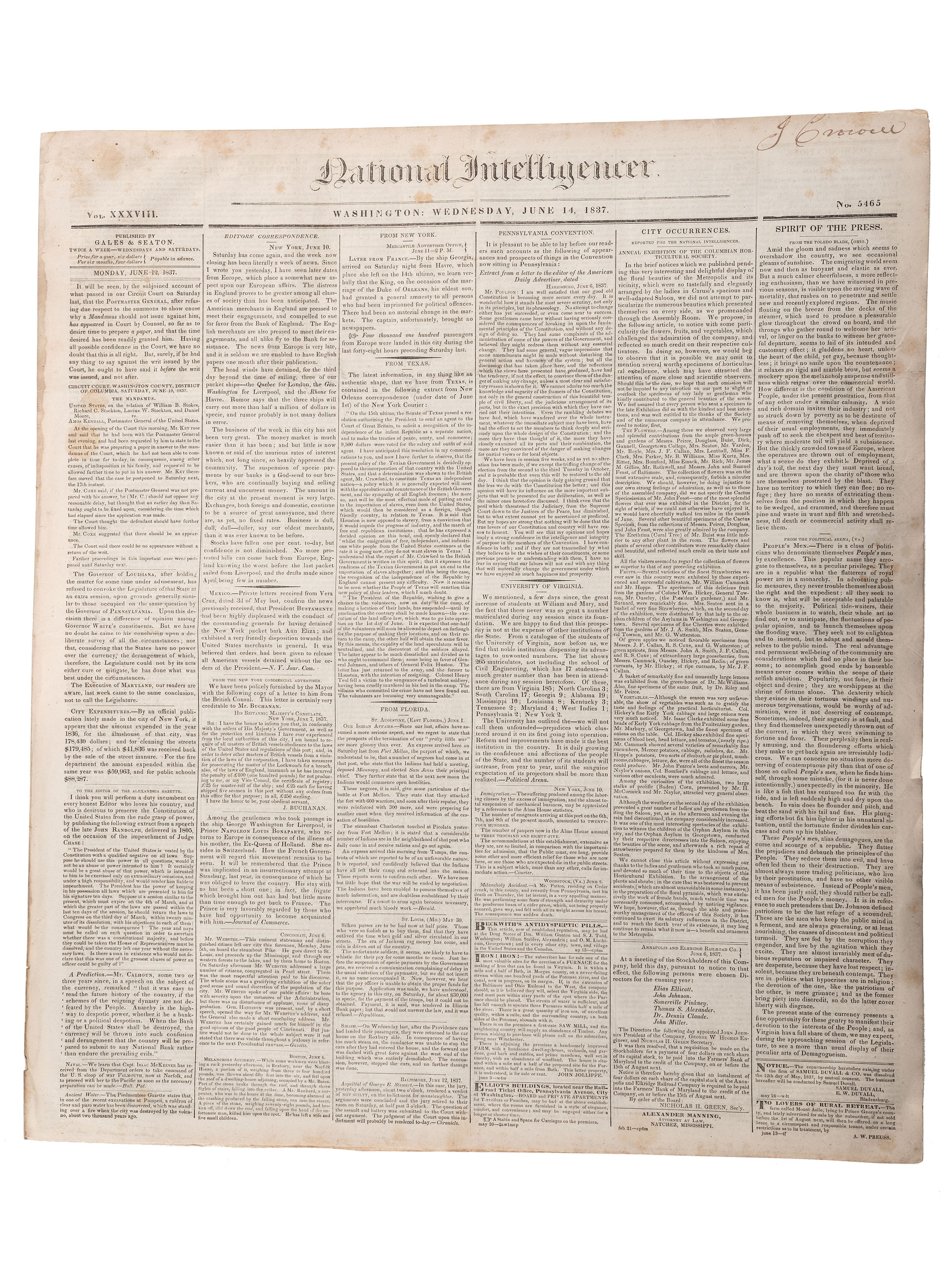 [SLAVERY & ABOLITION]. Advertisements for the return of freedom seekers published in 8 issues of The National Intelligencer . Washington, DC: May-August 1837.