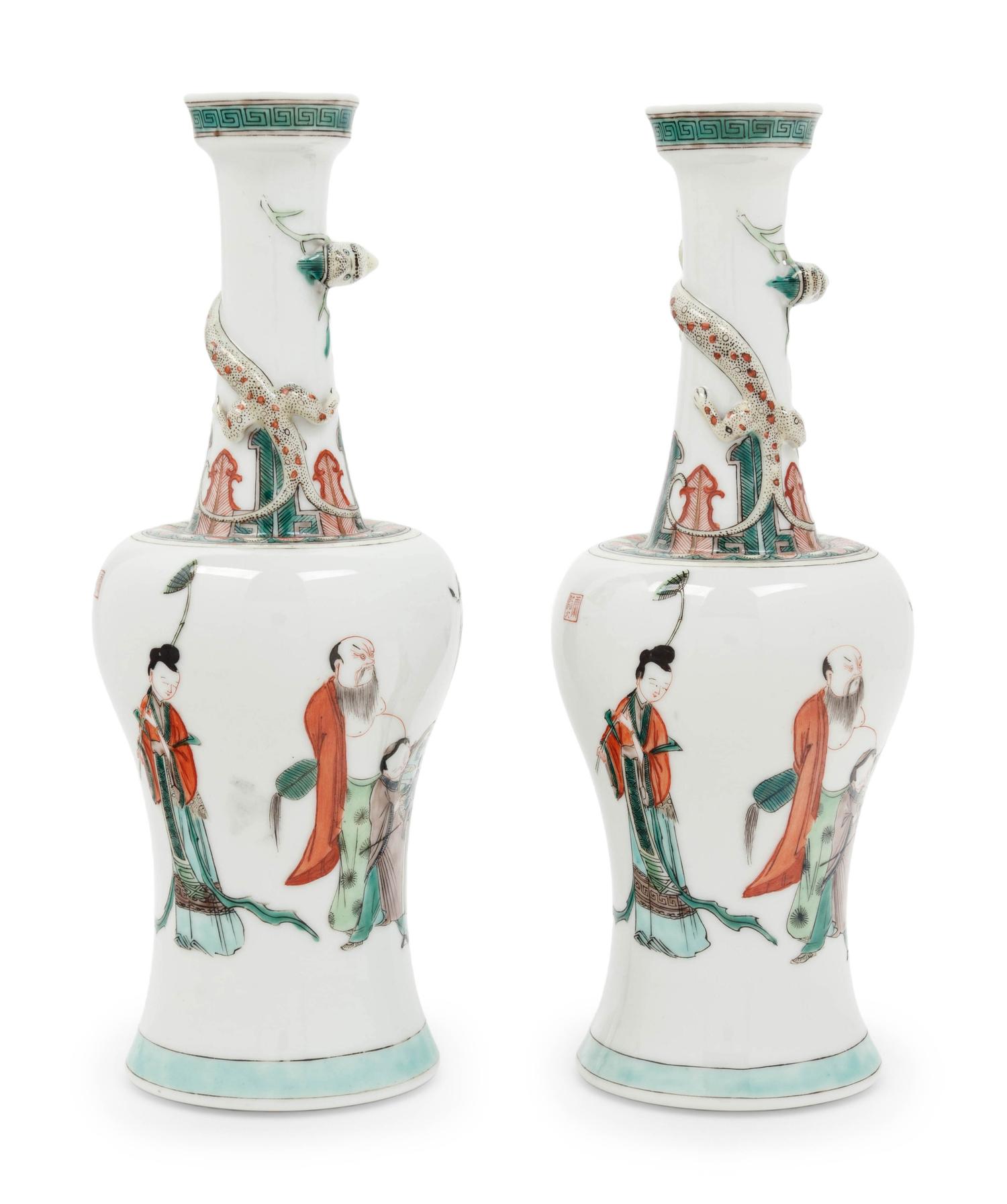A Pair of Chinese Famille Verte Porcelain Yen-Yen Vases