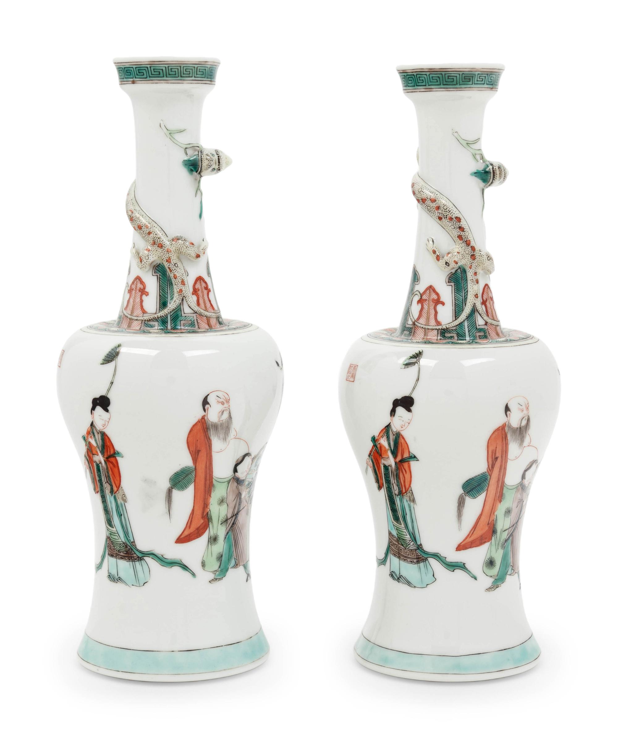 A Pair of Chinese Famille Verte Porcelain Yen-Yen Vases