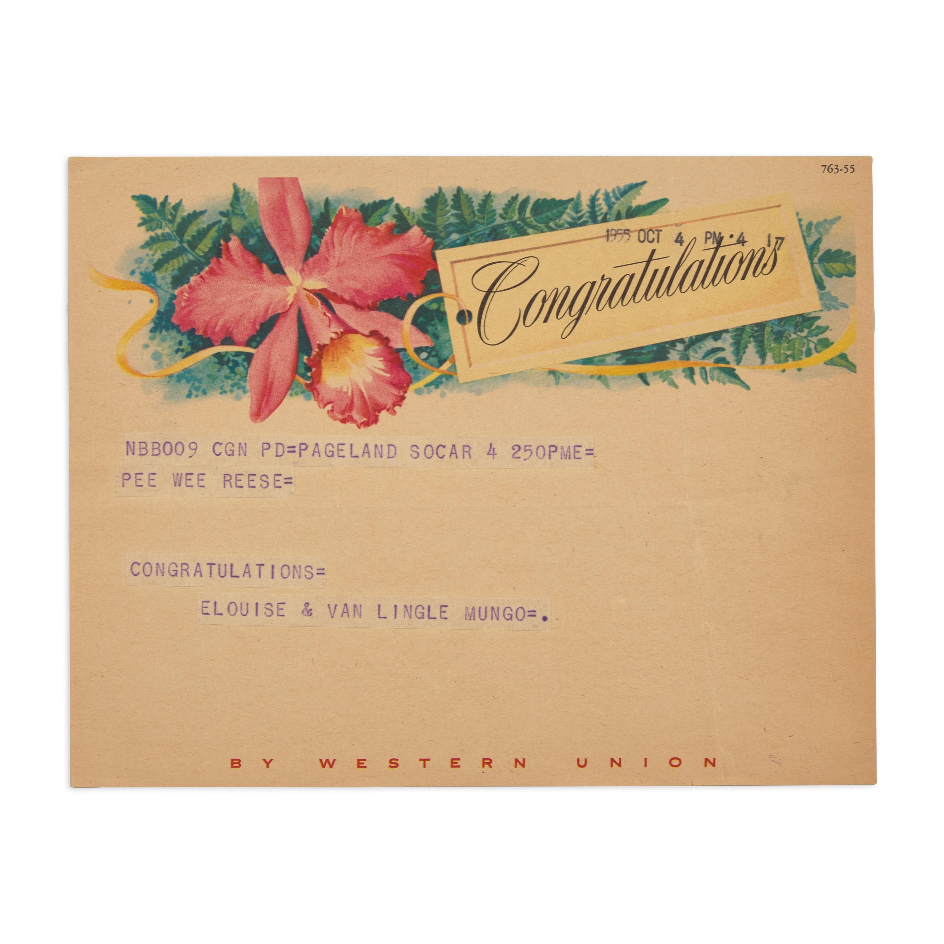 [Baseball] [Reese, Pee Wee] Telegram to Brooklyn Dodger Hall of Famer Pee Wee Reese Congratulating Him on Winning the World Series