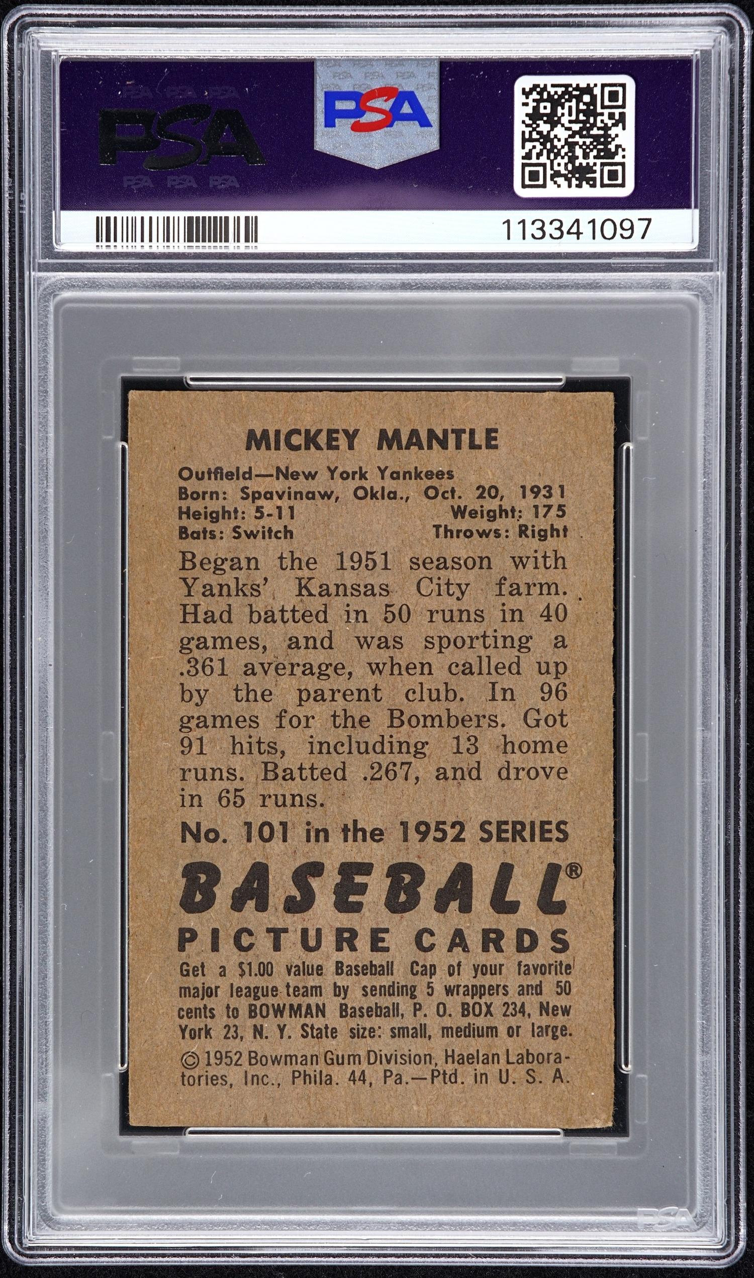 A 1952 Bowman Mickey Mantle Baseball Card No. 101 (PSA 3.5 VG-EX+)