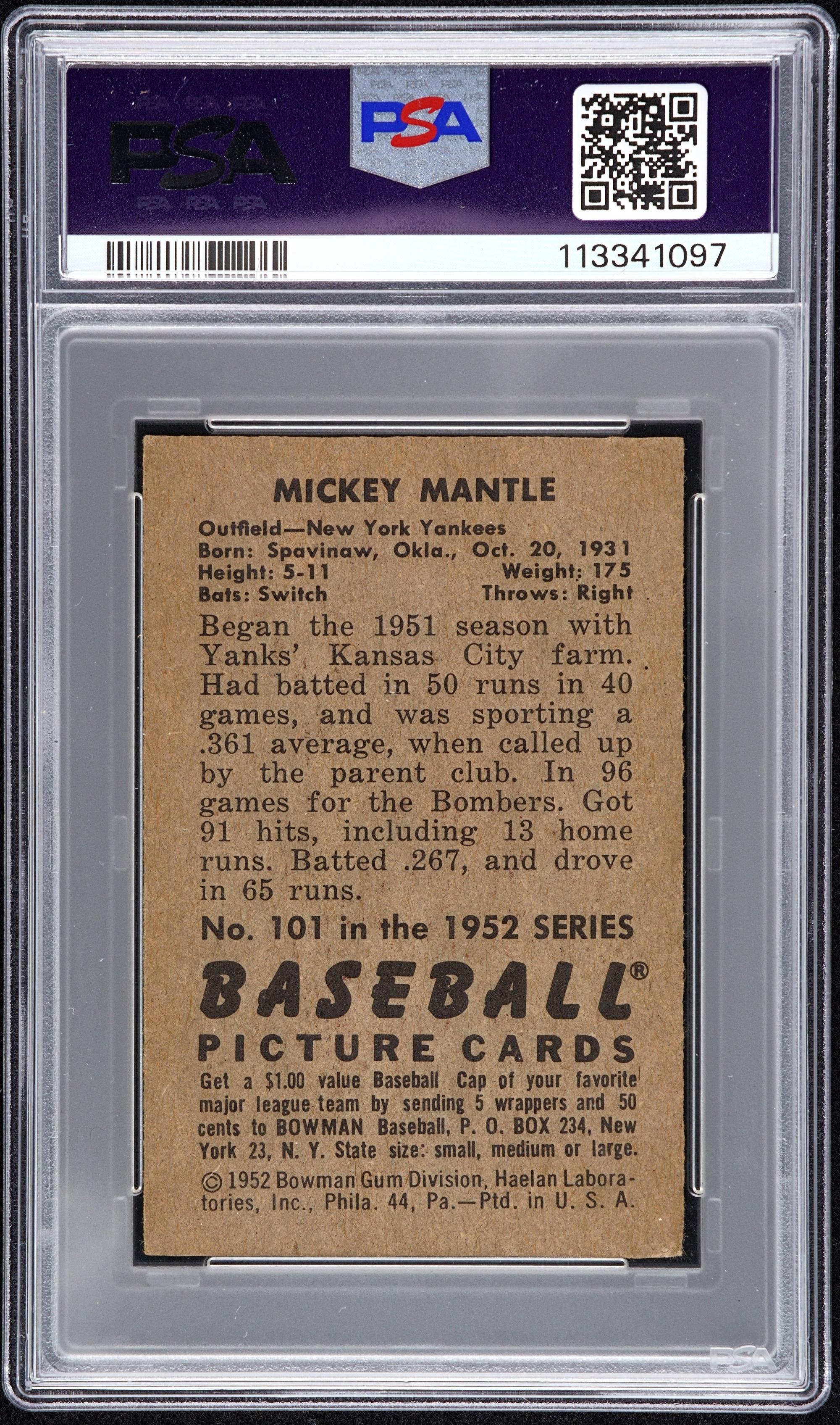 A 1952 Bowman Mickey Mantle Baseball Card No. 101 (PSA 3.5 VG-EX+)