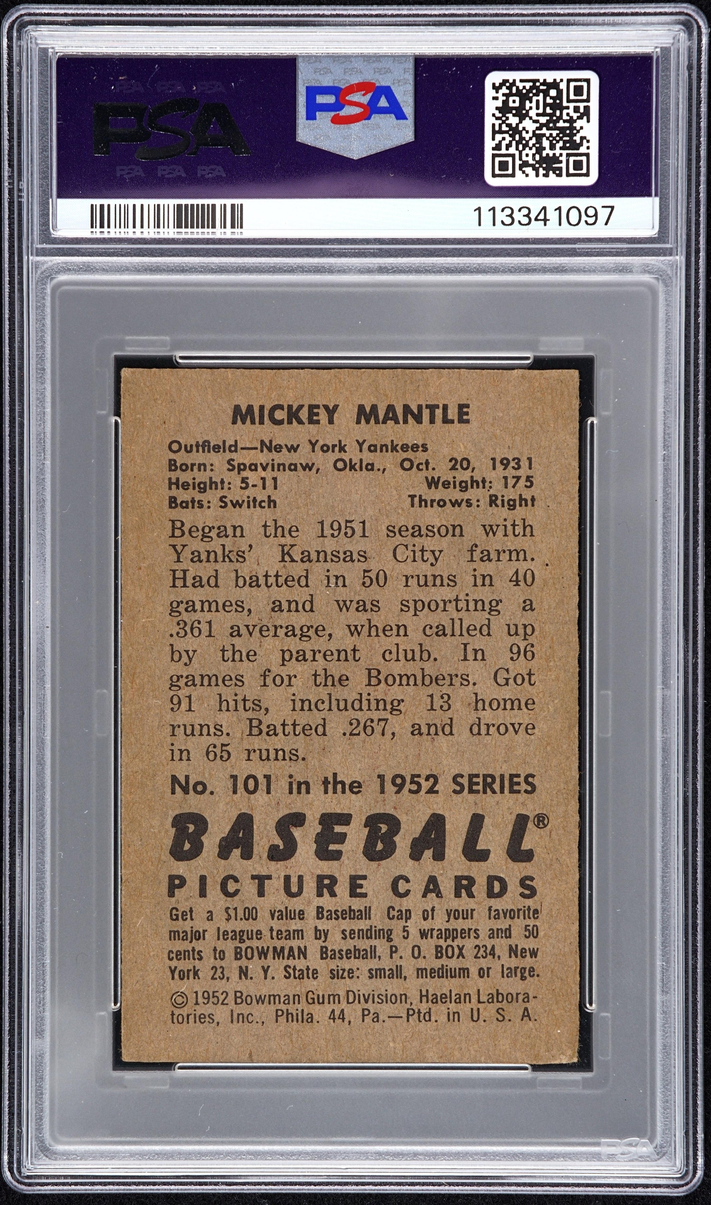 A 1952 Bowman Mickey Mantle Baseball Card No. 101 (PSA 3.5 VG-EX+)