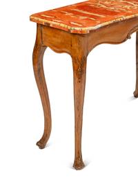 A Pair of Italian Walnut Bi-Color Marble-Top Console Tables