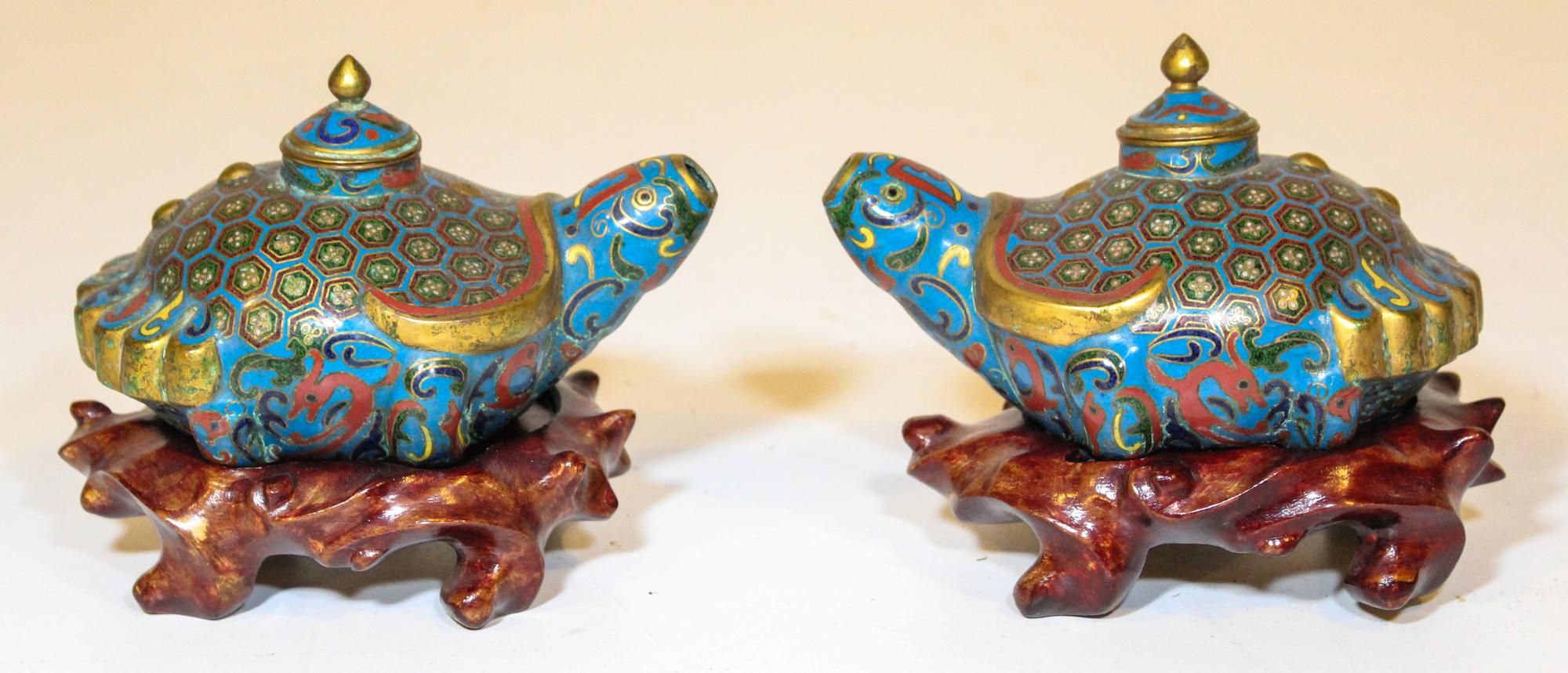 A Pair of Cloisonne Enamel Brass Covered Water Pots Height 3 inches. — 20TH CENTURY