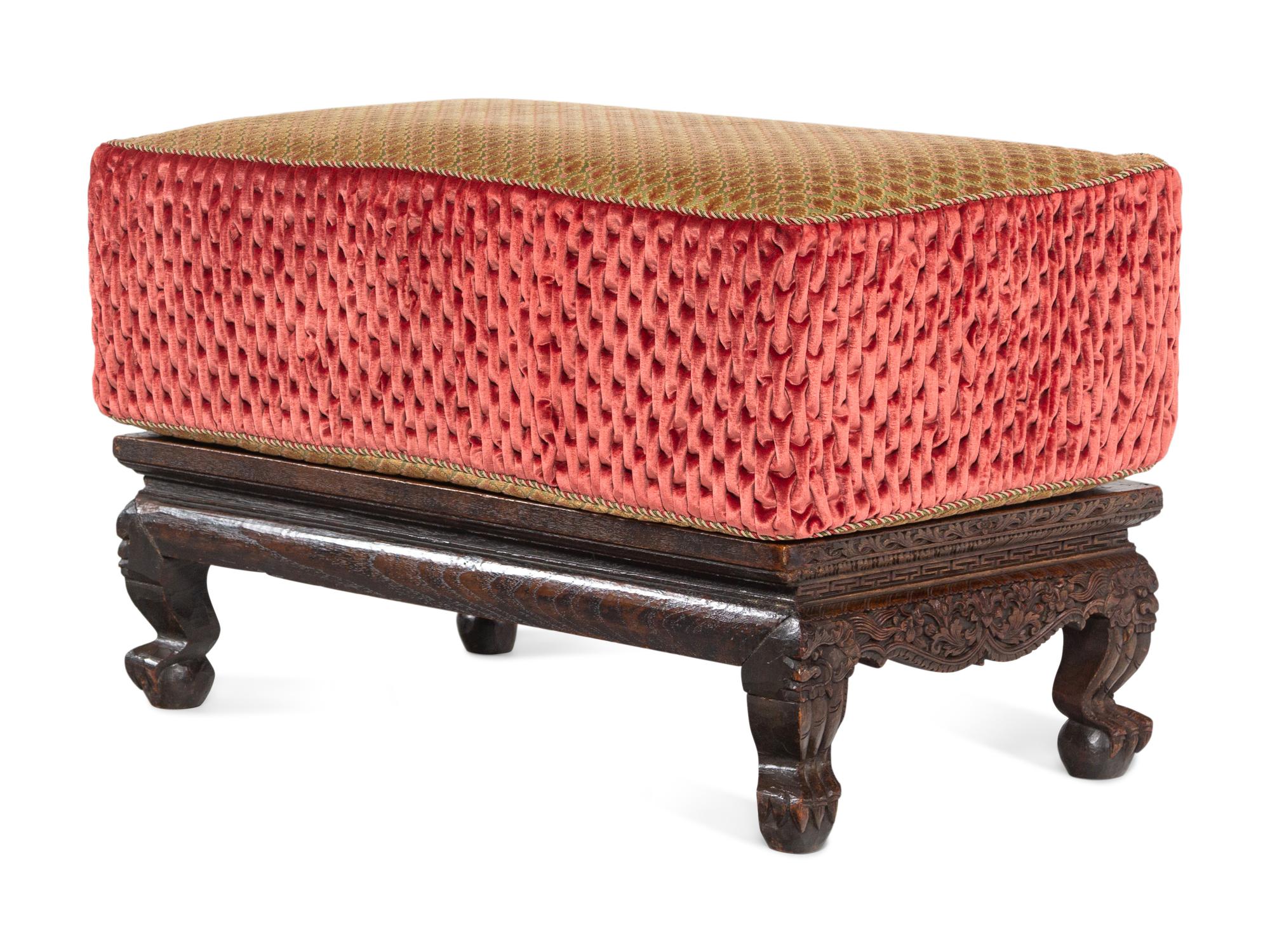 An Indian Carved Hardwood Low Stand Converted to an Upholstered Bench
