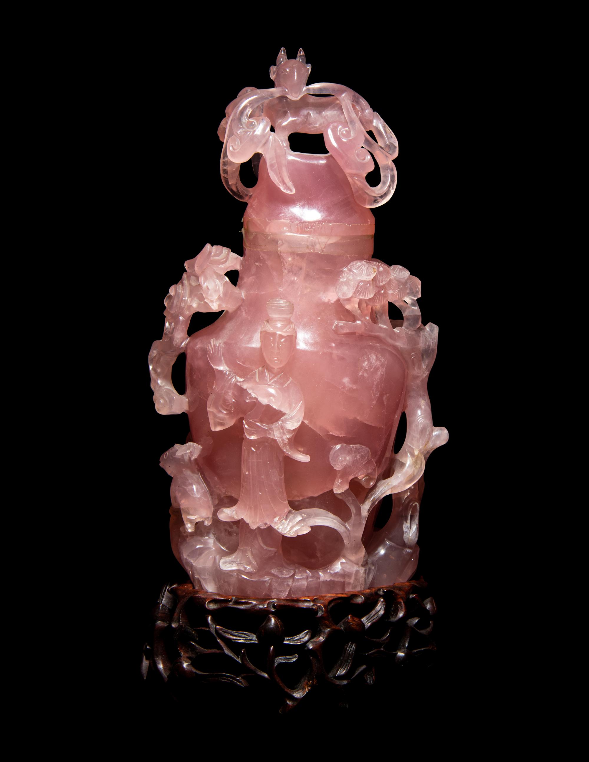 A Chinese Carved Rose Quartz Covered Vase
