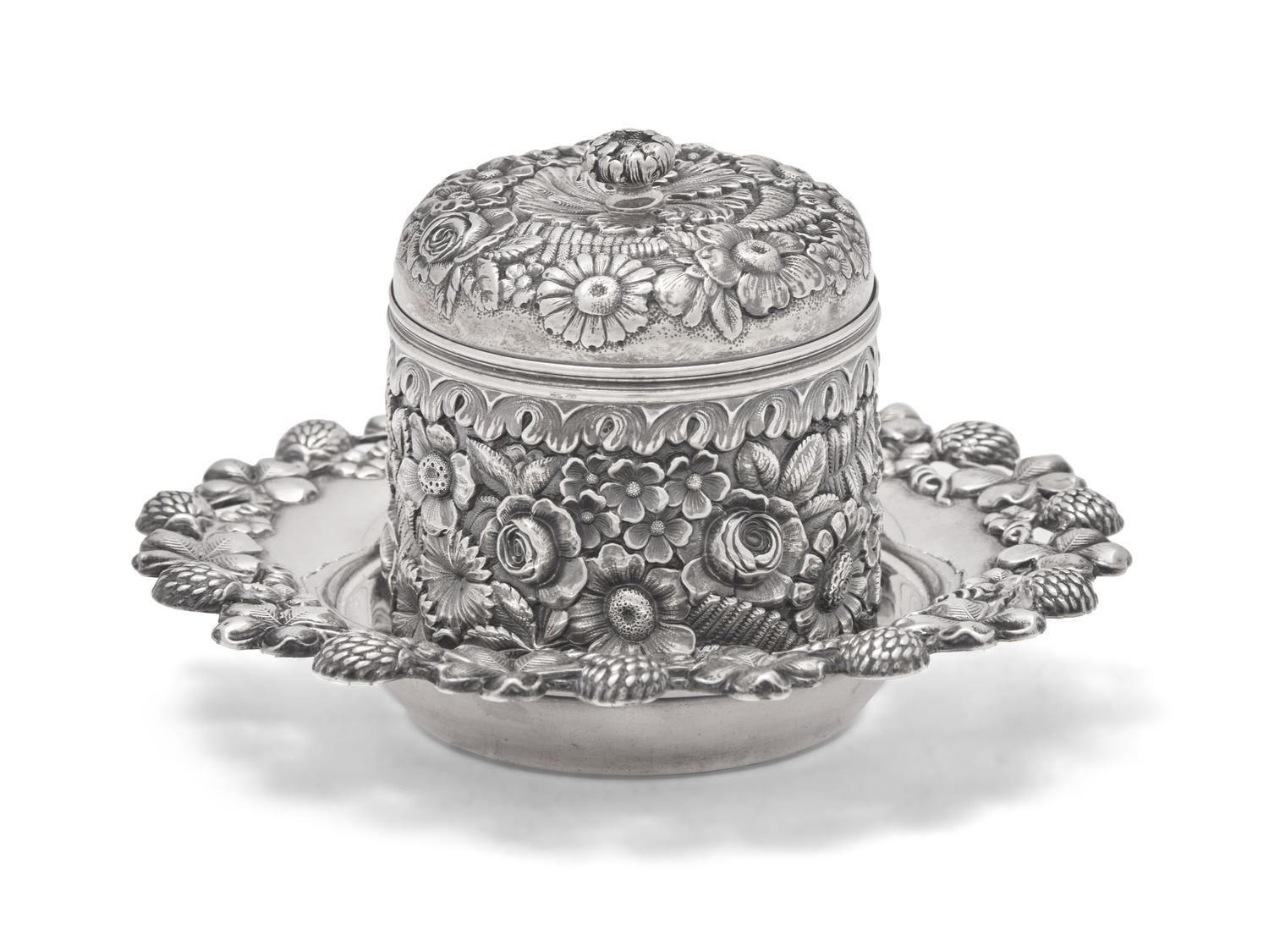 A Tiffany & Co. Repousse Dresser Jar and Associated Sterling Silver Undertray