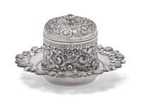 A Tiffany & Co. Repousse Dresser Jar and Associated Sterling Silver Undertray