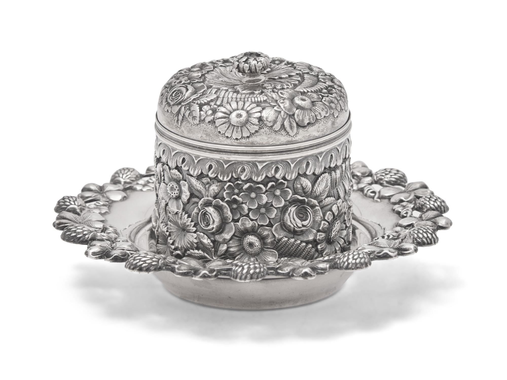 A Tiffany & Co. Repousse Dresser Jar and Associated Sterling Silver Undertray