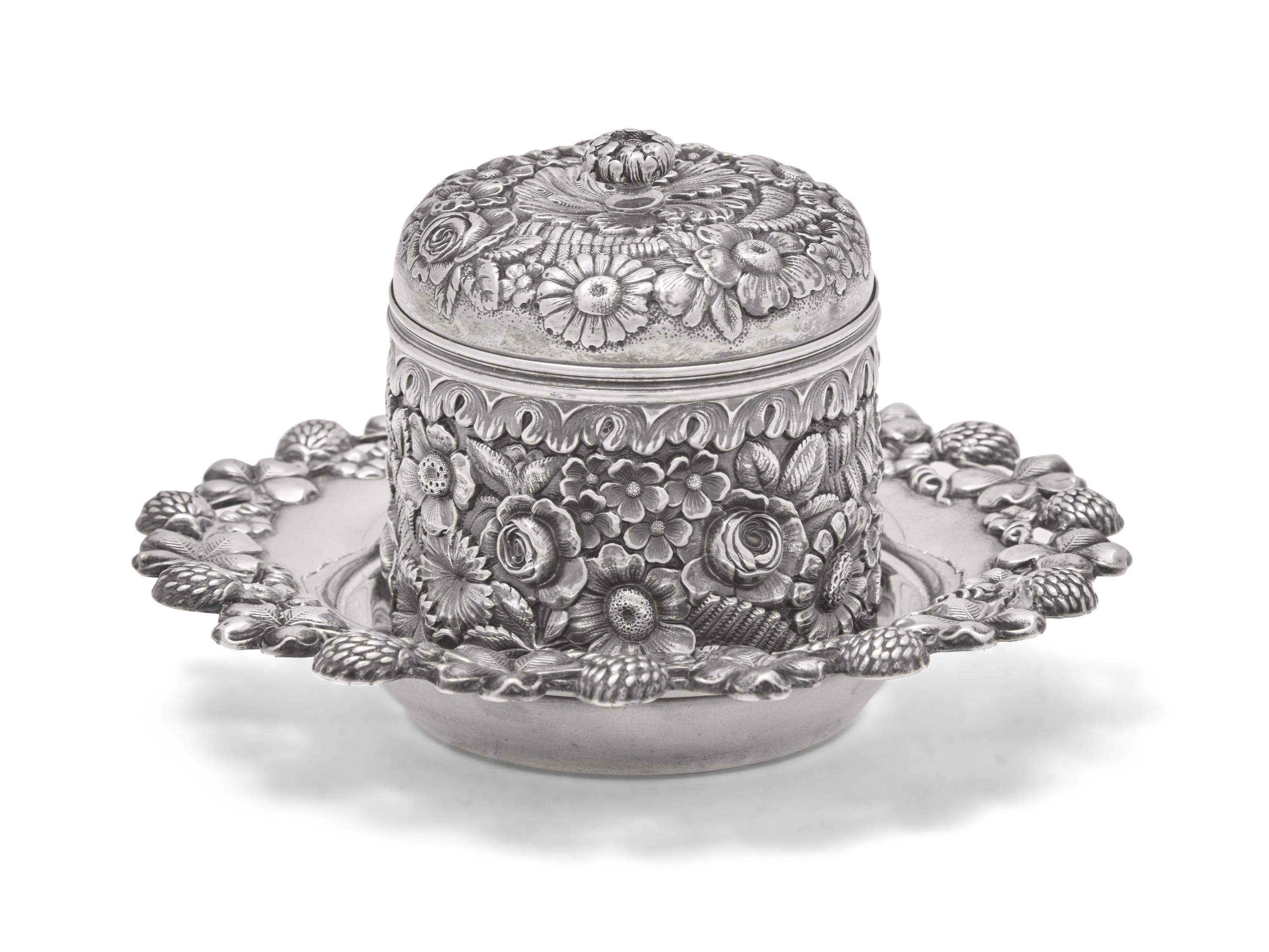 A Tiffany & Co. Repousse Dresser Jar and Associated Sterling Silver Undertray