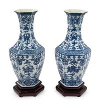 A Pair of Blue and White Porcelain 'Floral and Fruit' Hexagonal Vases
