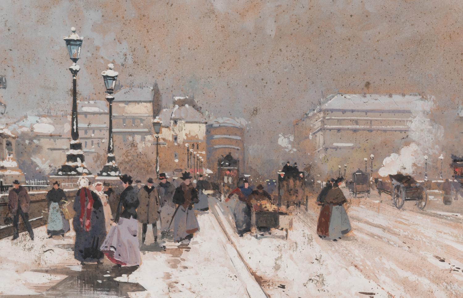 Animation sur le Pont Neuf sous la Neige , 1880