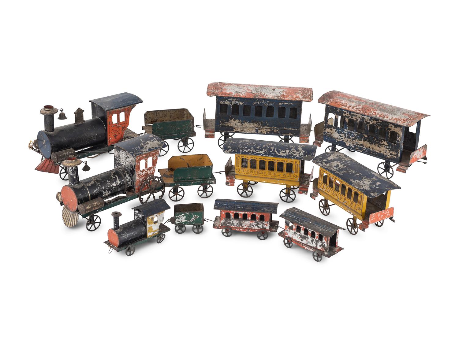 Three Hero Polychrome Decorated Train Cars of Graduating Size