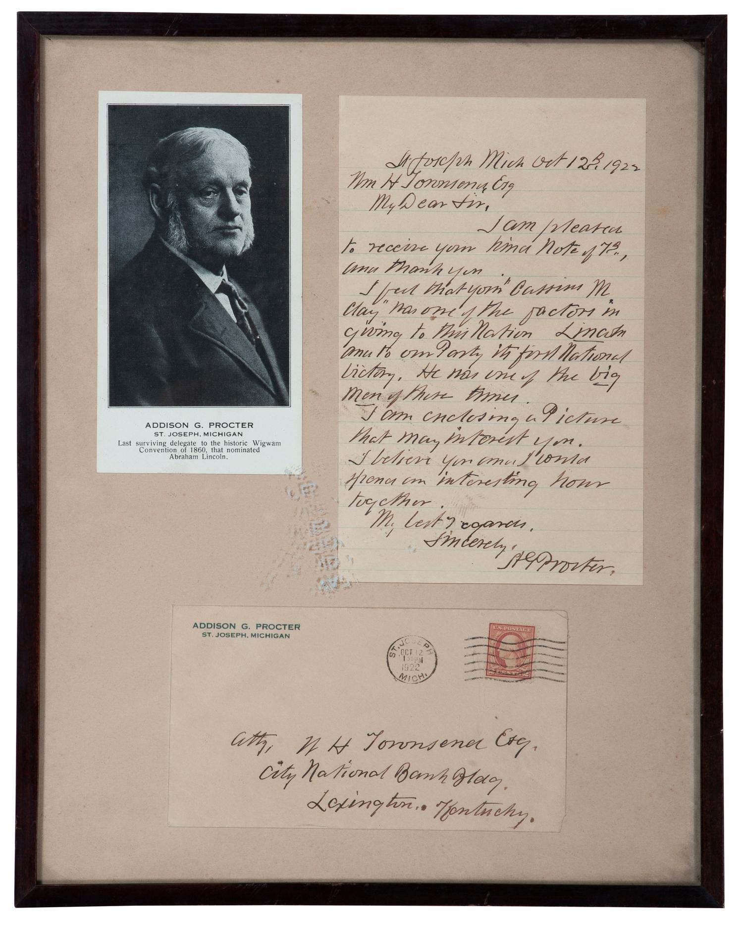 PROCTER, Addison G. (1838-1925). Autograph letter signed ("AG Procter") to William H. Townsend. St. Joseph, Michigan, 12 October 1922.
