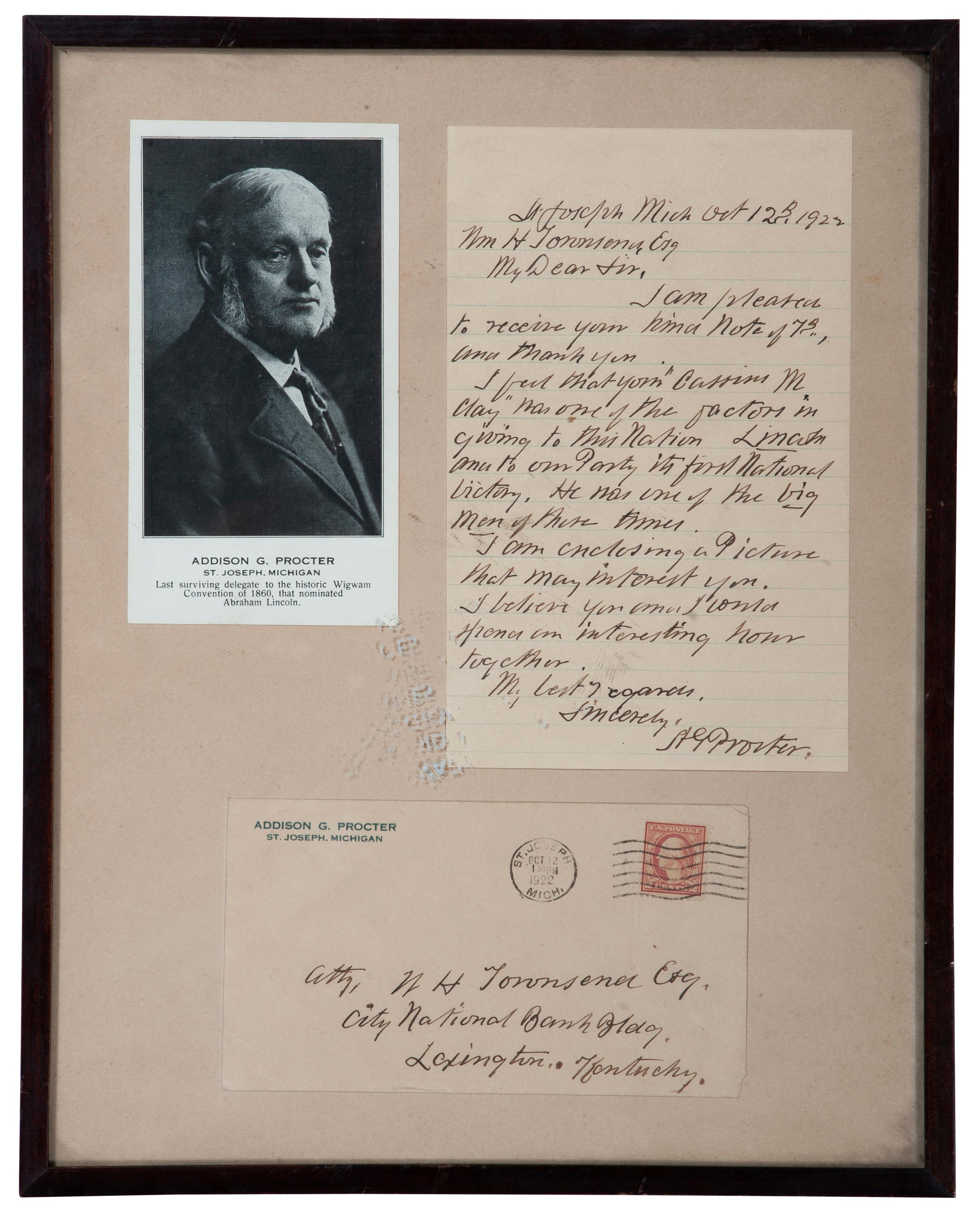 PROCTER, Addison G. (1838-1925). Autograph letter signed ("AG Procter") to William H. Townsend. St. Joseph, Michigan, 12 October 1922.