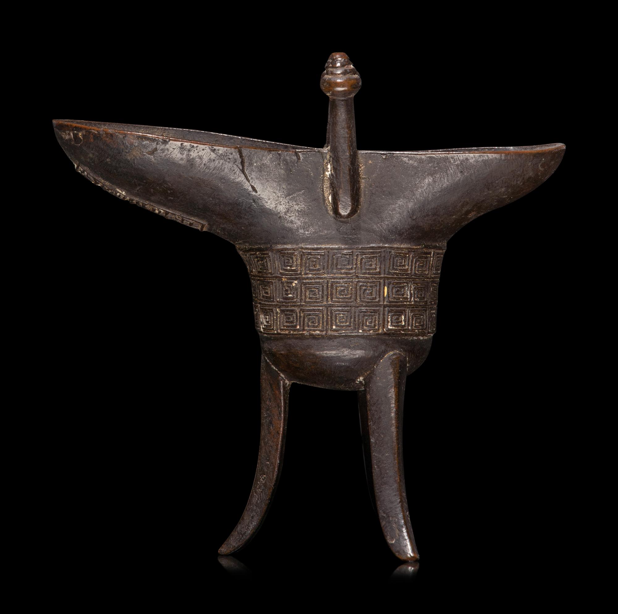 A Chinese Archaistic Style Bronze Libation Cup, Jue