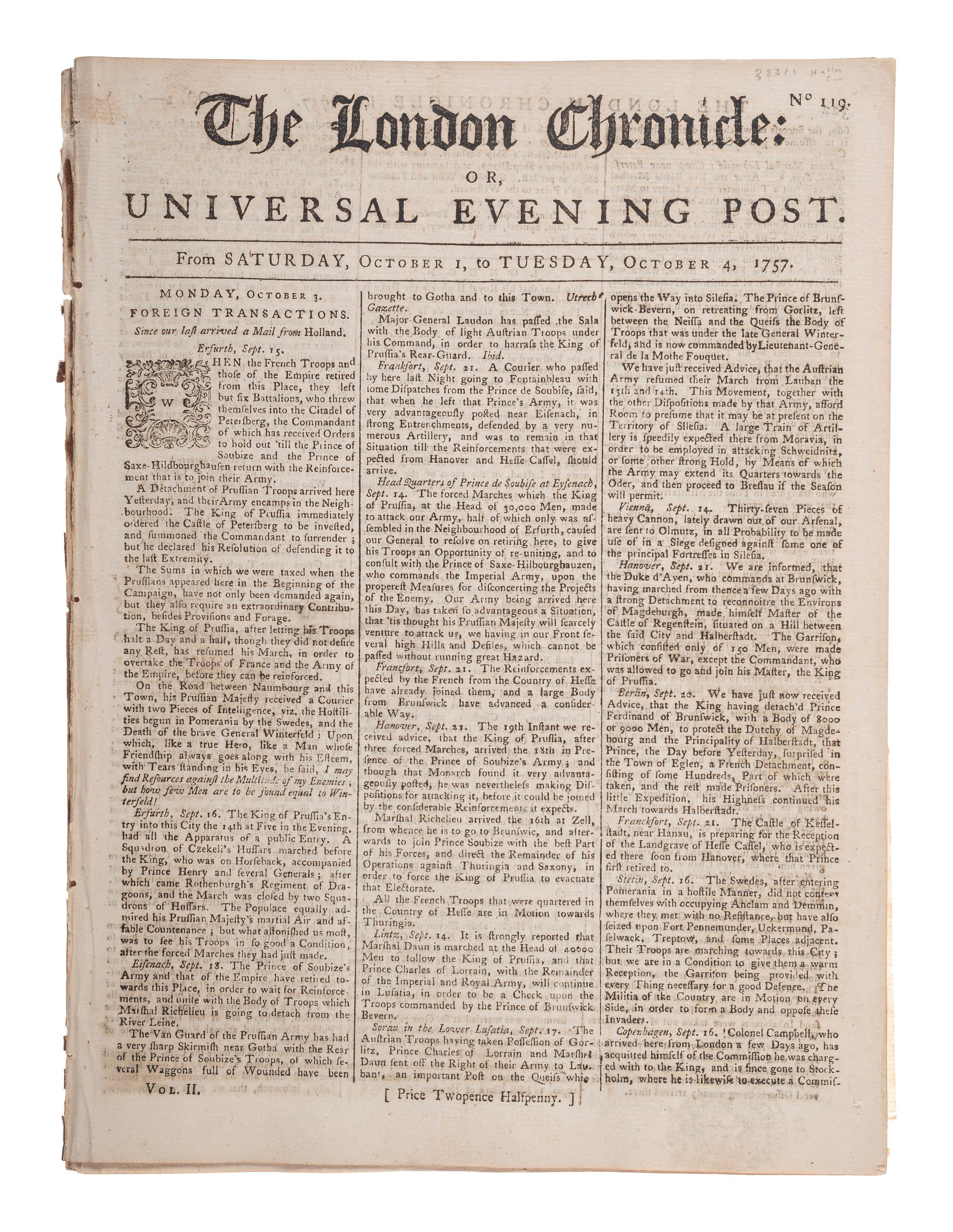 [HALLEY'S COMET]. The London Chronicle. Vol. II, Nos. 118-119. London, 1757.