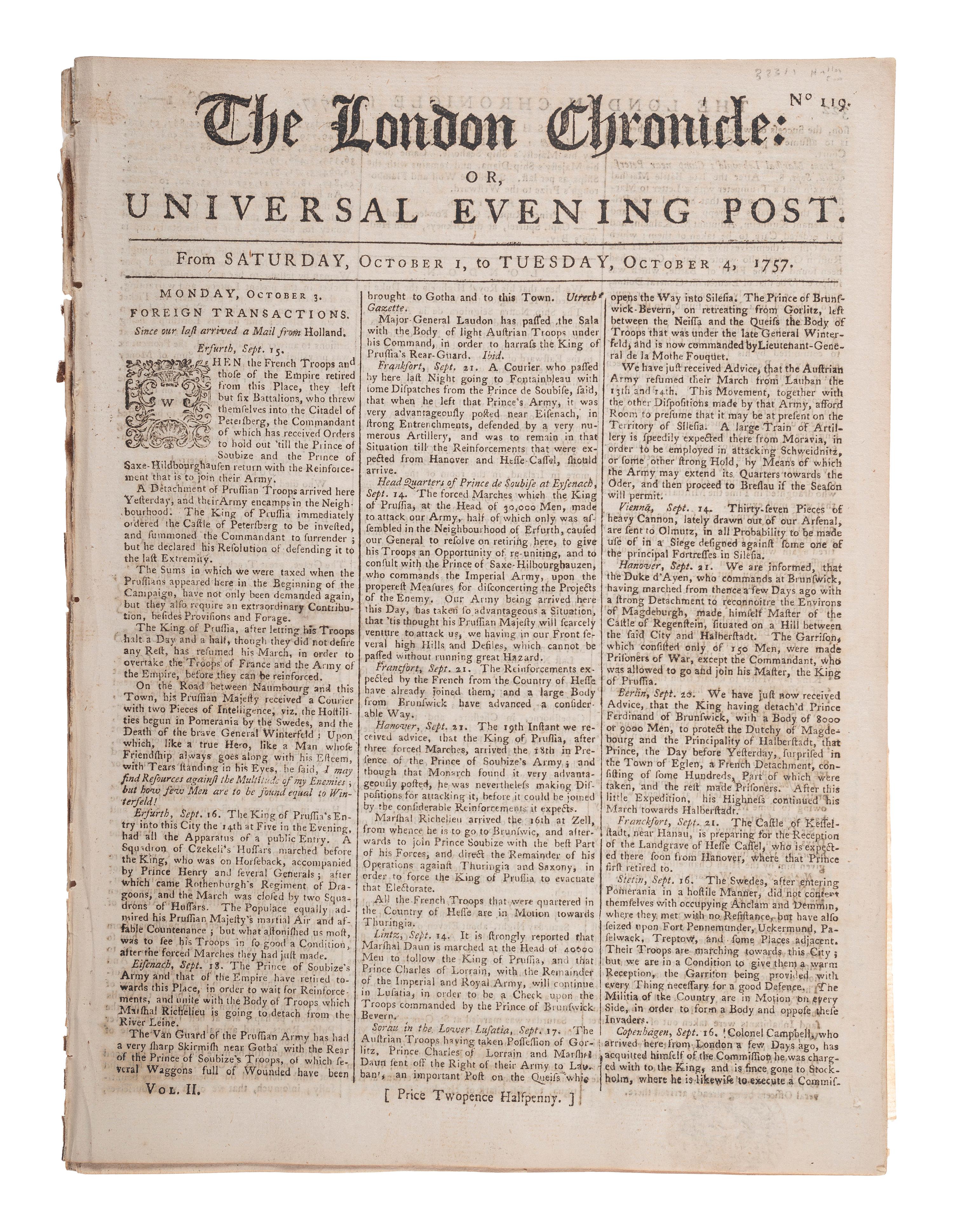 [HALLEY'S COMET]. The London Chronicle. Vol. II, Nos. 118-119. London, 1757.