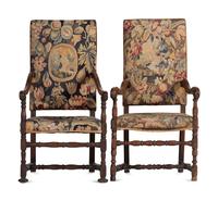 A Matched Pair of French Scroll-Carved and Turned Walnut Tapestry Upholstered Fauteuils