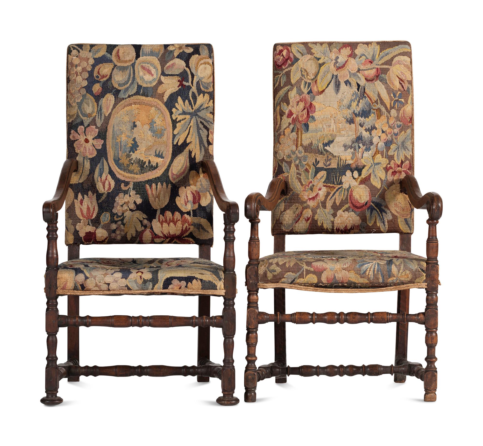 A Matched Pair of French Scroll-Carved and Turned Walnut Tapestry Upholstered Fauteuils