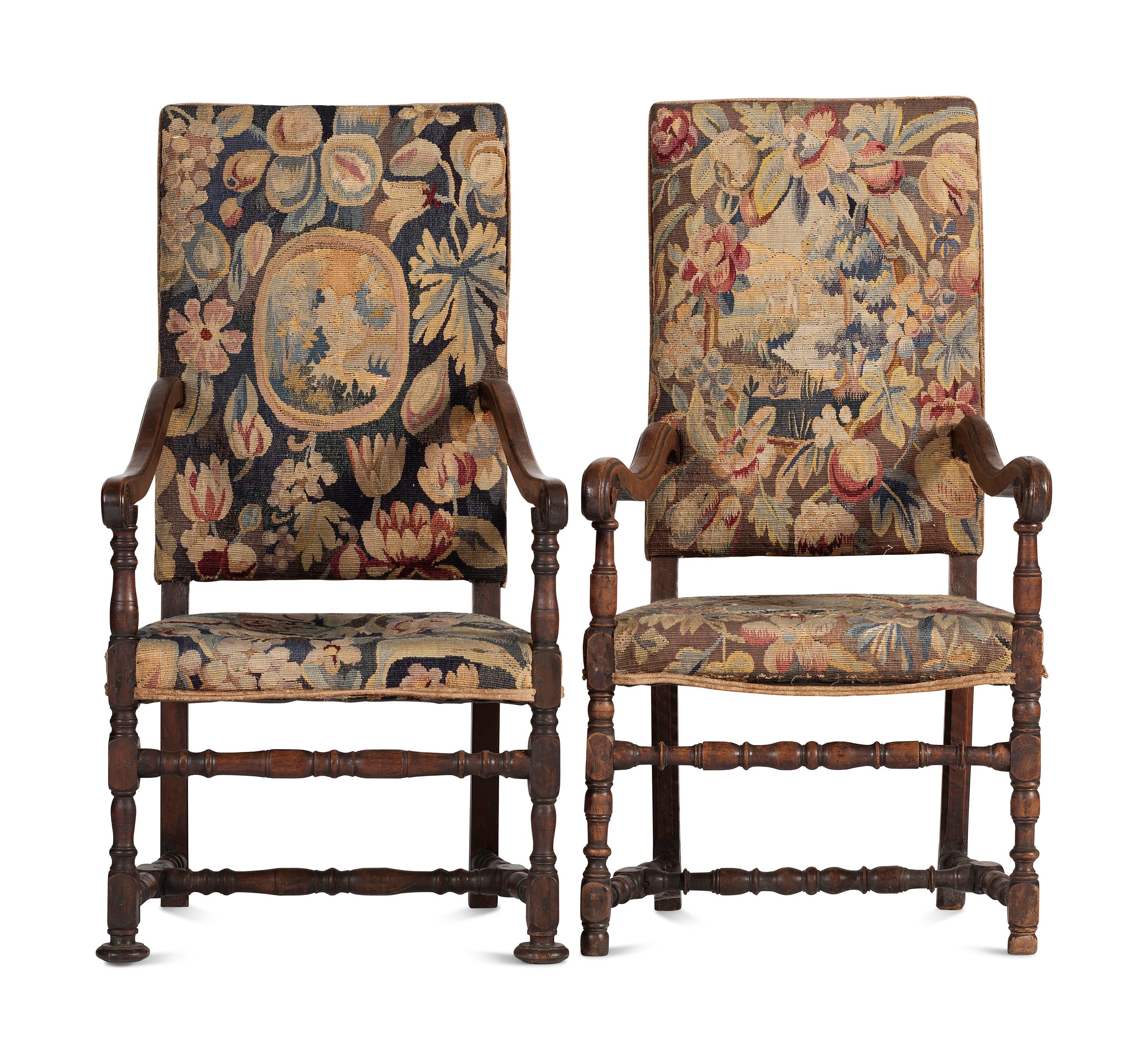 A Matched Pair of French Scroll-Carved and Turned Walnut Tapestry Upholstered Fauteuils