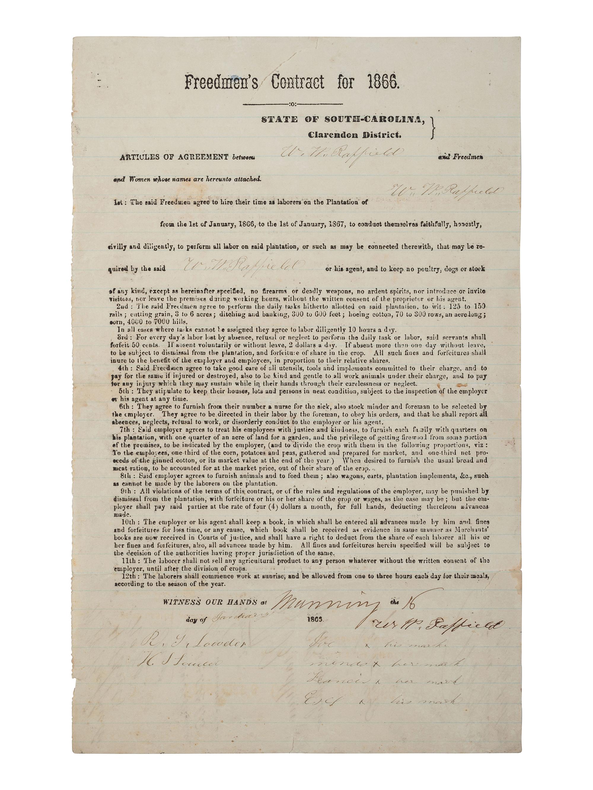 [RECONSTRUCTION]. Labor contract between freedmen and women named "Joe," "Mindo," "Francis," and "Esel," and plantation owner W.W. Raffield. Clarendon District, SC. 16 January 1866.
