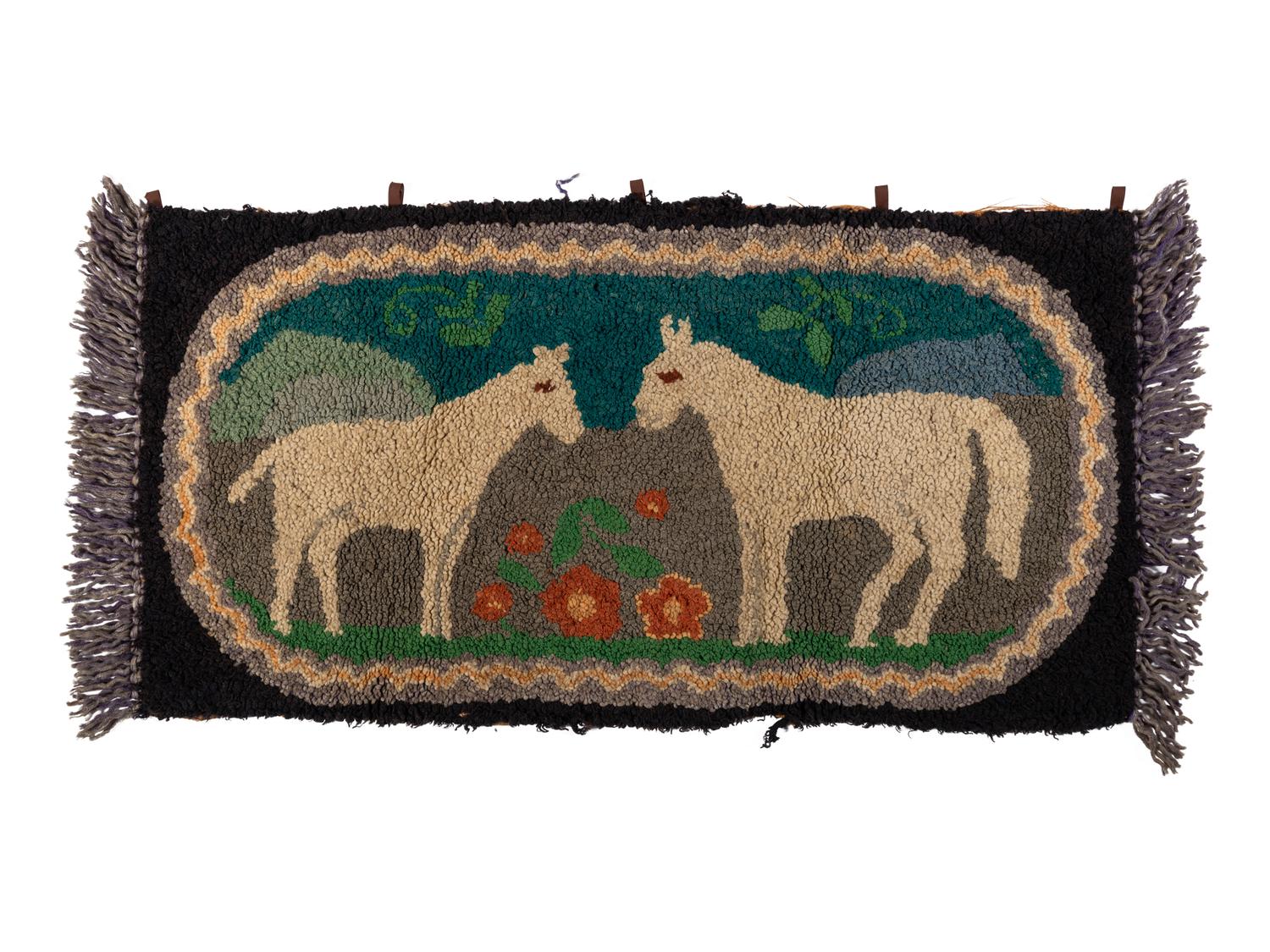A Crazy Quilt Pillow Cover with Chickens and Eagles and Hooked Rug with Horses
