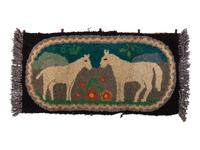 A Crazy Quilt Pillow Cover with Chickens and Eagles and Hooked Rug with Horses