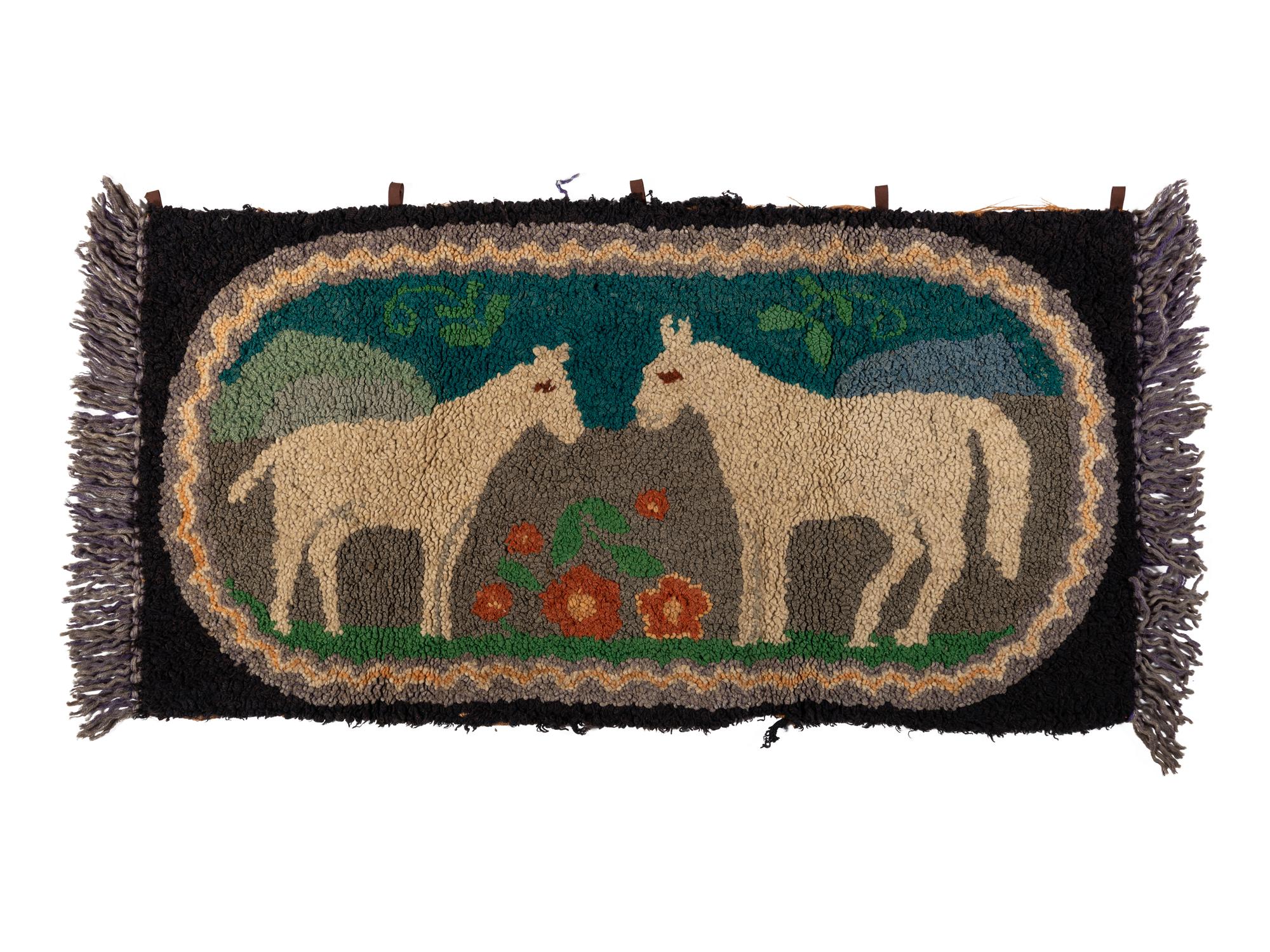 A Crazy Quilt Pillow Cover with Chickens and Eagles and Hooked Rug with Horses