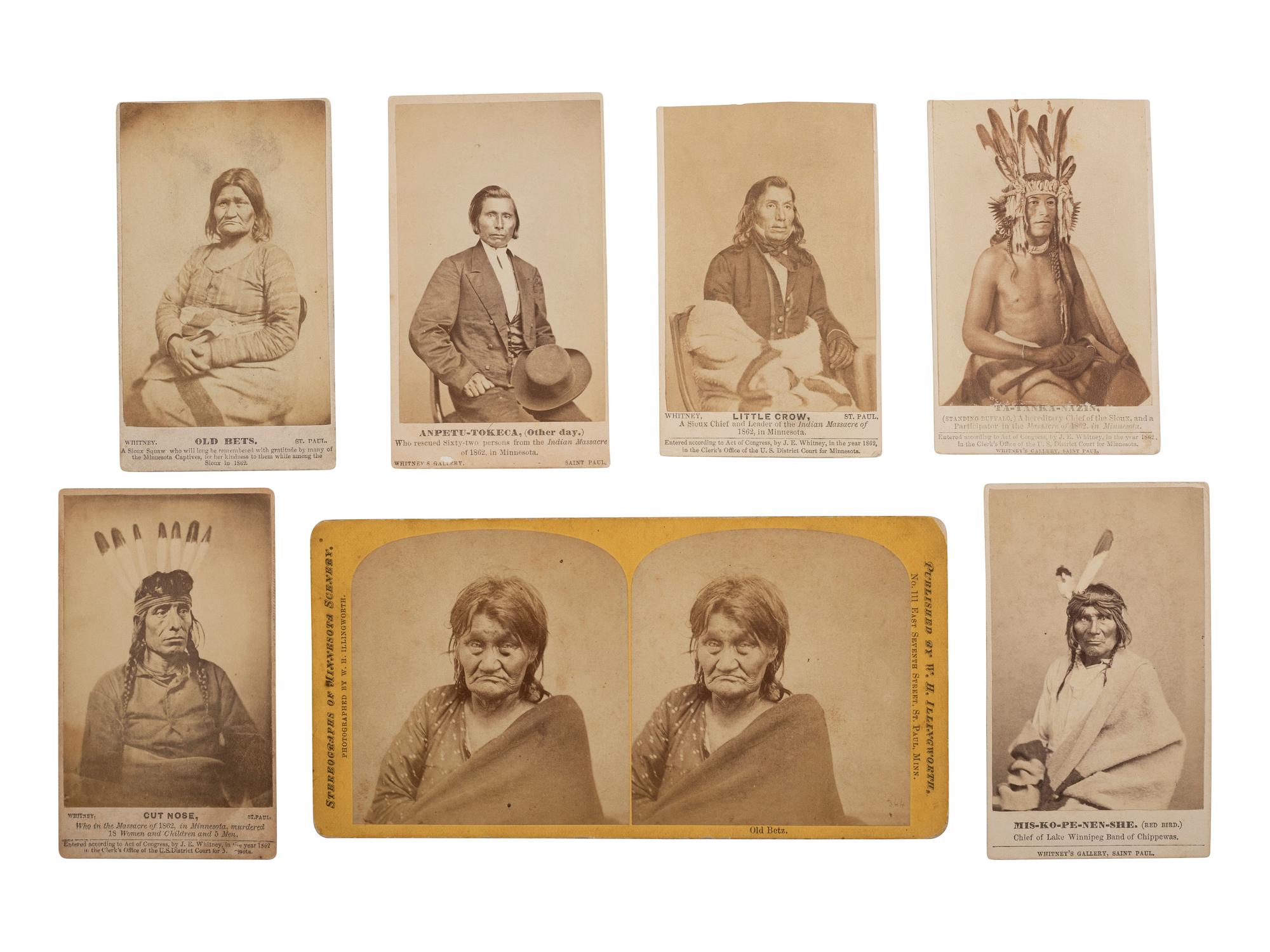 [NATIVE AMERICANS]. A group of 7 photographs of Sioux involved in the 1862 Dakota Uprising in Minnesota by Joel WHITNEY and W.H. ILLINGWORTH.
