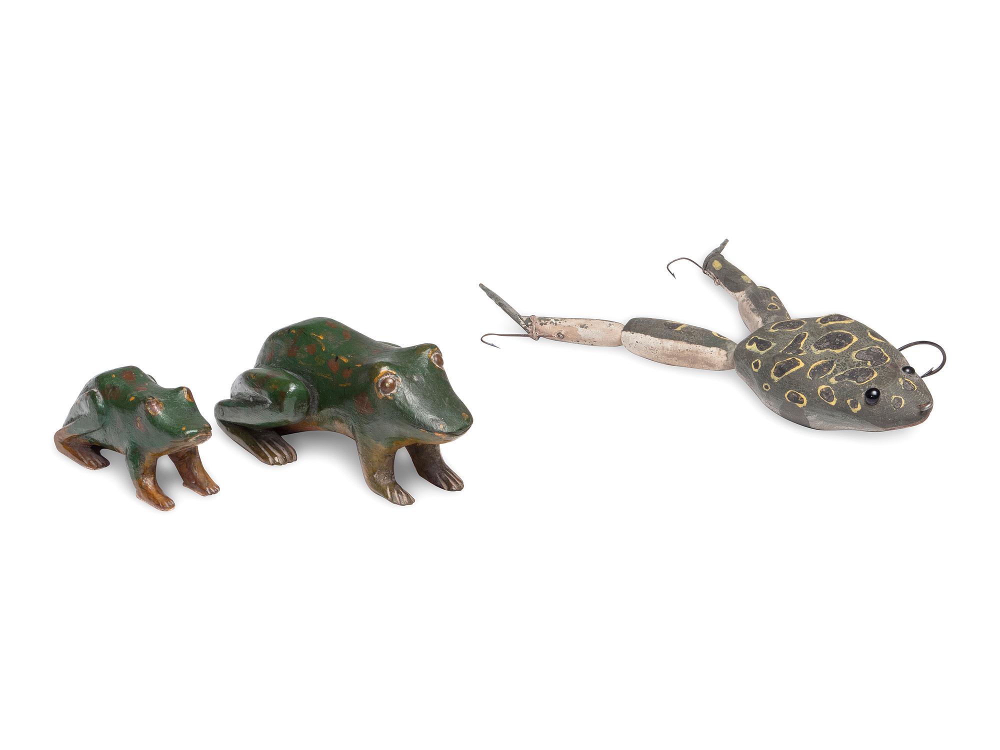 Three Folk Art Carved and Painted Wood Frogs