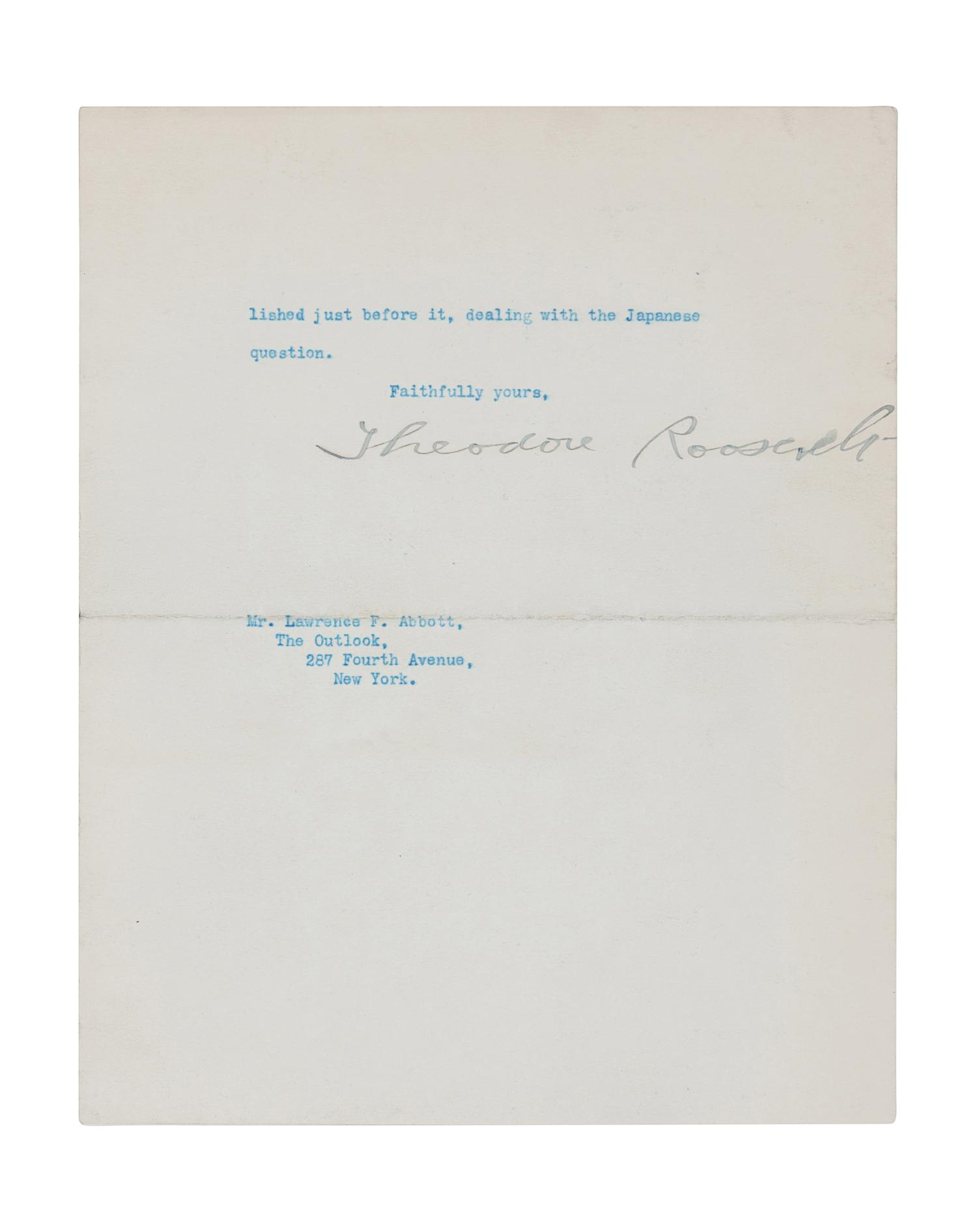 ROOSEVELT, Theodore (1858-1919). Draft typescript signed as President (“Theodore Roosevelt”), with an 8-word emendation in Roosevelt’s hand, to Lawrence F. Abbott. Washington, D. C., 16 February 1909.