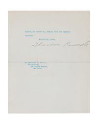 ROOSEVELT, Theodore (1858-1919). Draft typescript signed as President (“Theodore Roosevelt”), with an 8-word emendation in Roosevelt’s hand, to Lawrence F. Abbott. Washington, D. C., 16 February 1909.