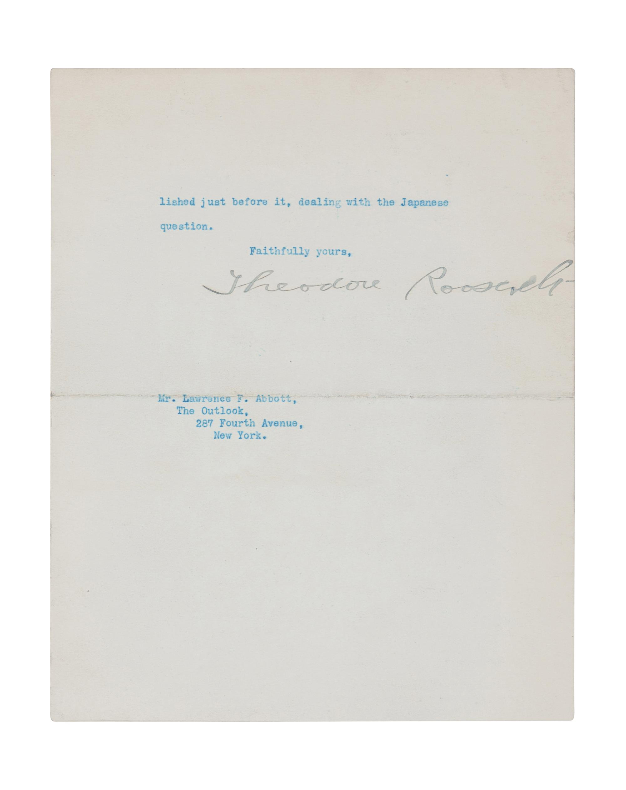 ROOSEVELT, Theodore (1858-1919). Draft typescript signed as President (“Theodore Roosevelt”), with an 8-word emendation in Roosevelt’s hand, to Lawrence F. Abbott. Washington, D. C., 16 February 1909.