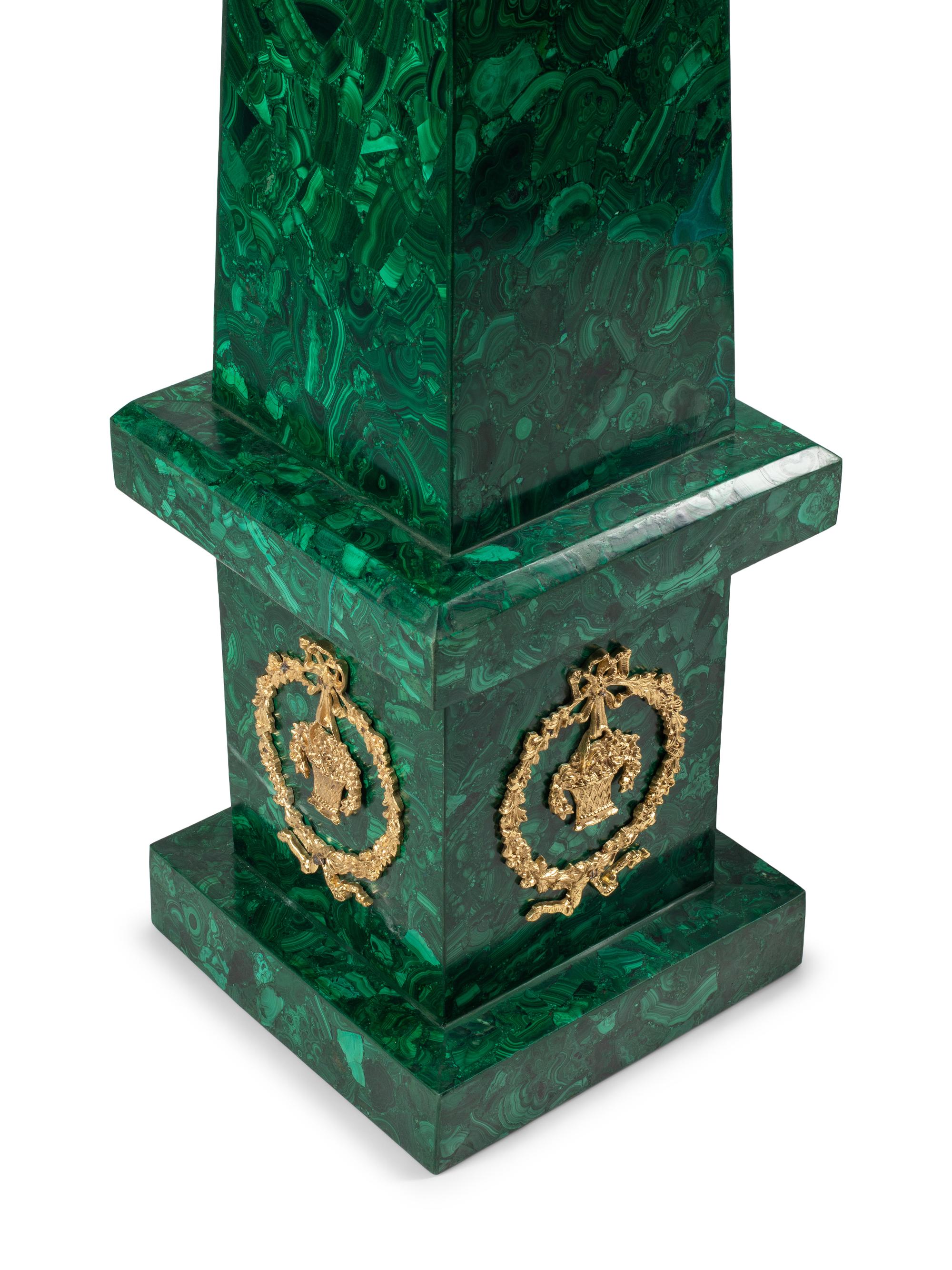 A Pair of Large Gilt Metal Mounted Malachite Obelisks