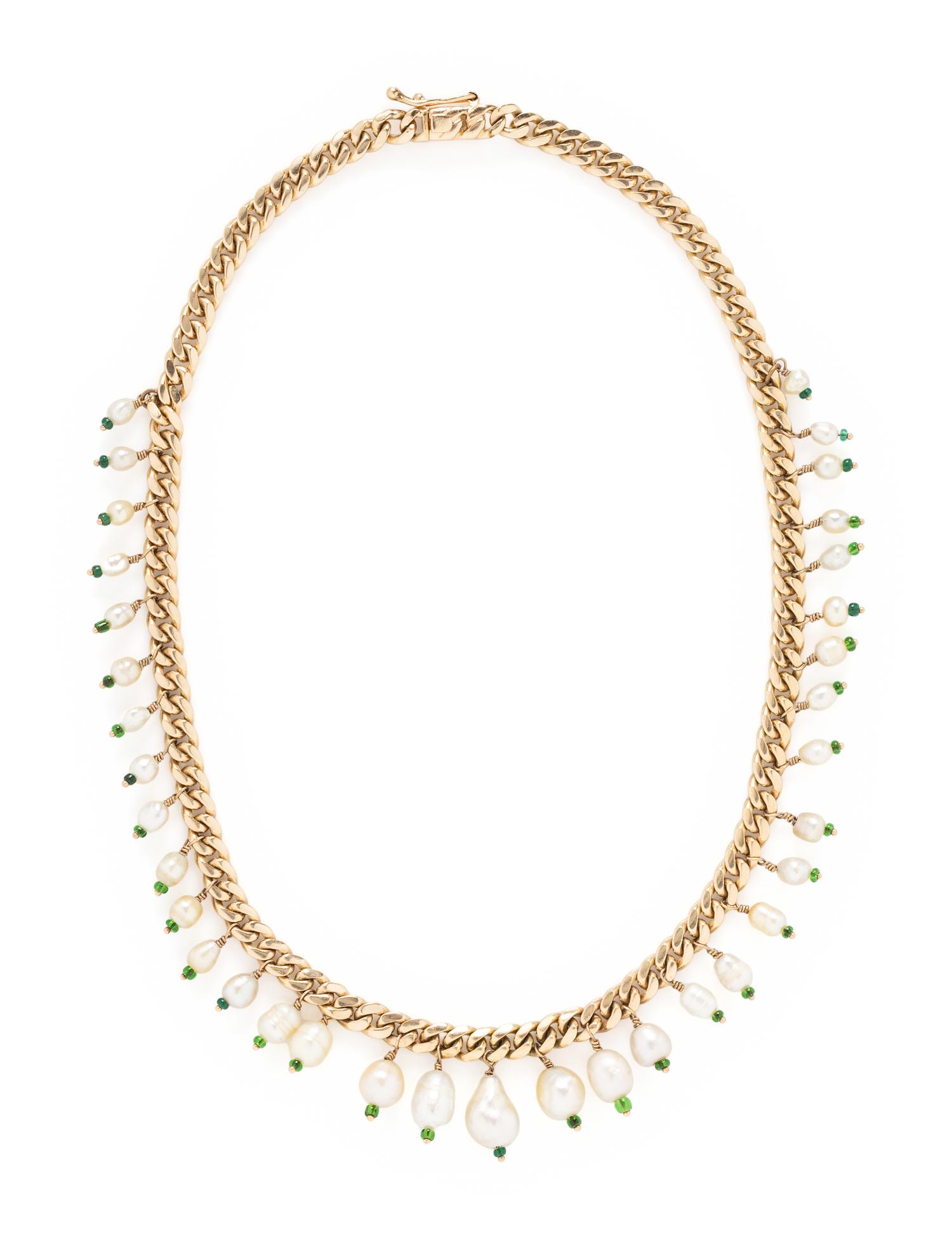 CULTURED PEARL AND GREEN GLASS BEAD FRINGE NECKLACE