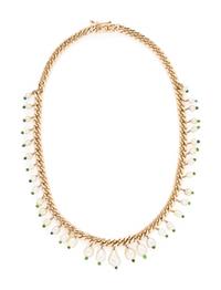 CULTURED PEARL AND GREEN GLASS BEAD FRINGE NECKLACE