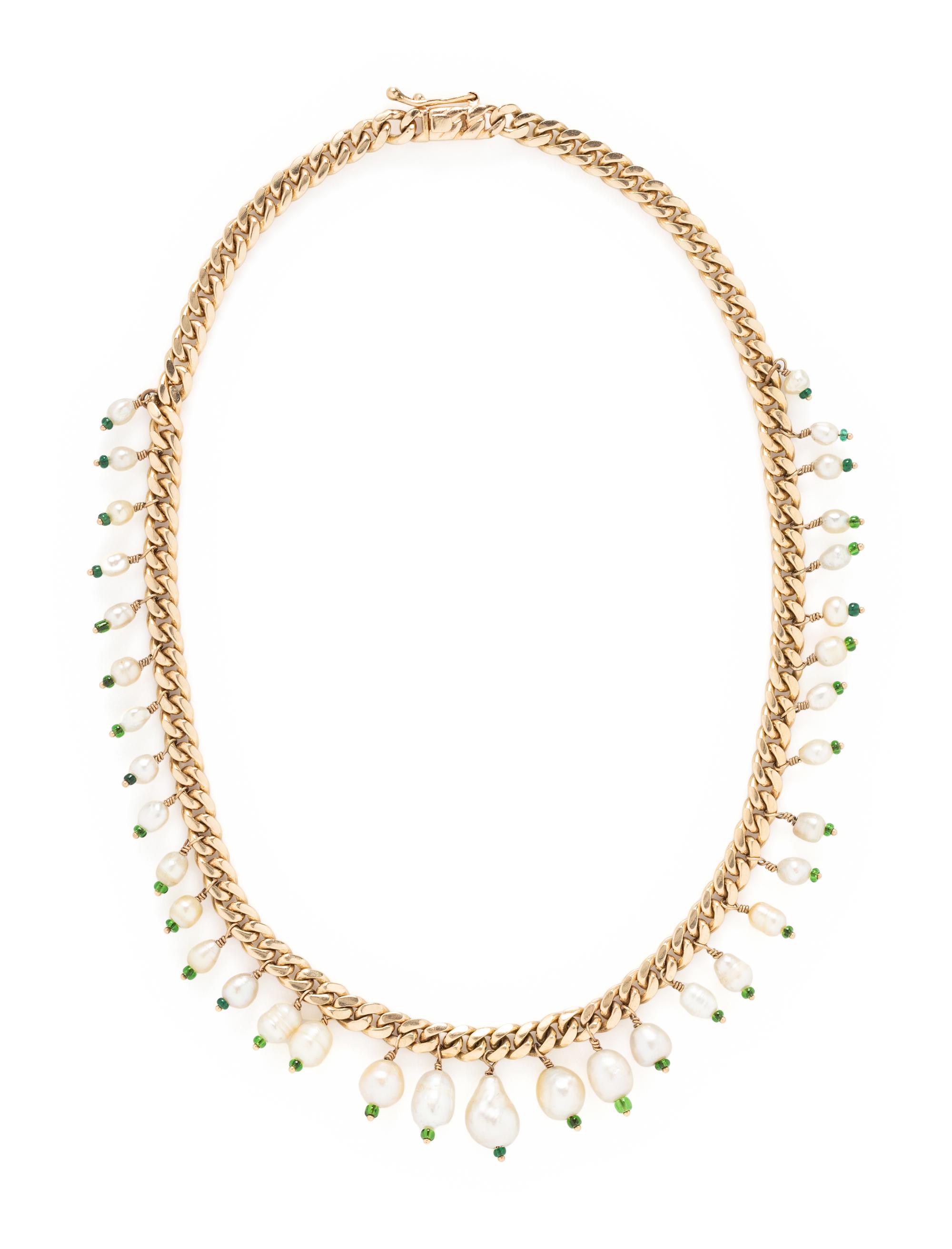 CULTURED PEARL AND GREEN GLASS BEAD FRINGE NECKLACE