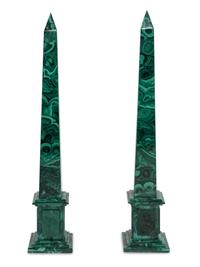 A Pair of Malachite Veneered Obelisks