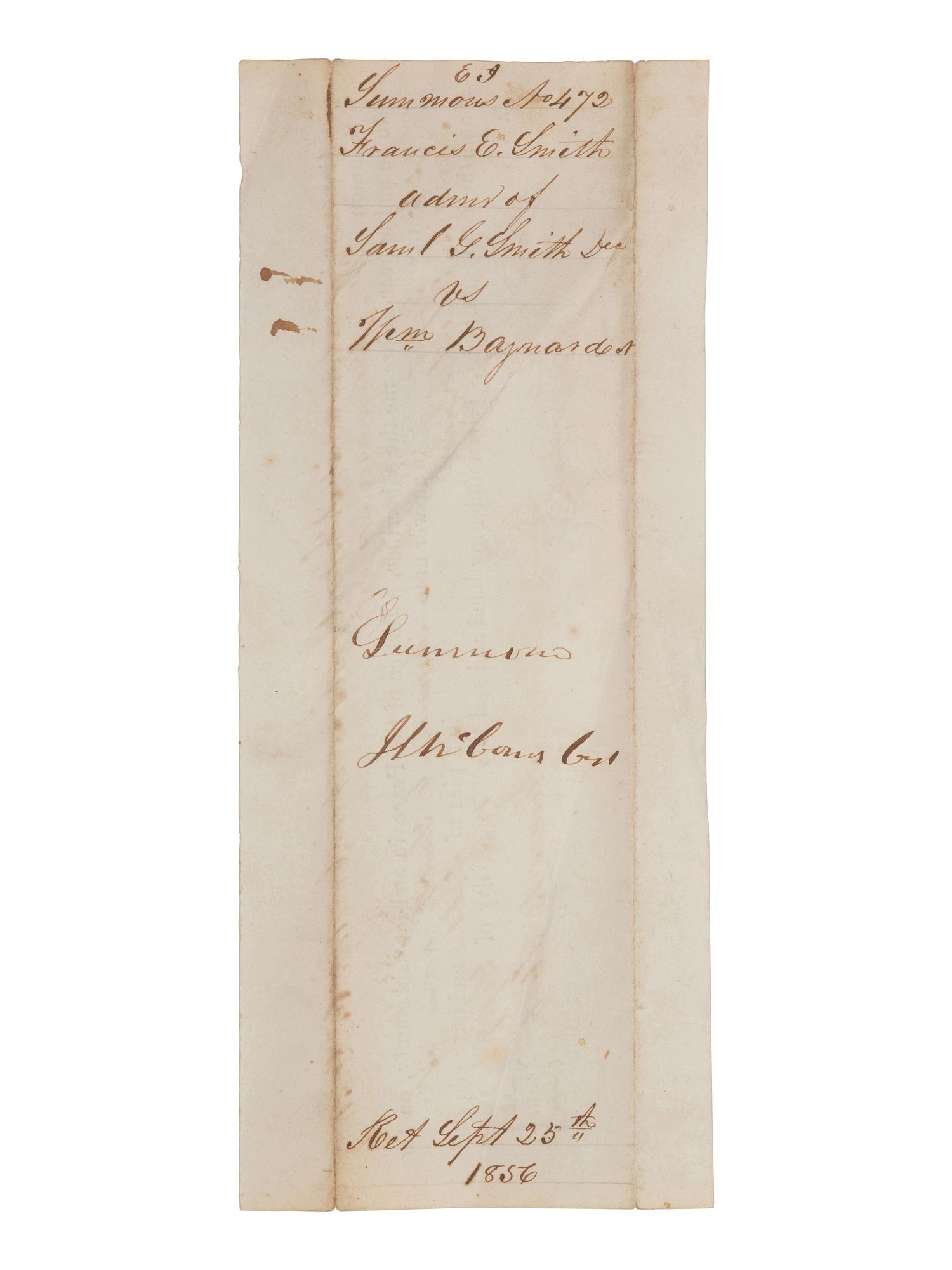 [AFRICAN AMERICANA]. Summons for free person of color William Baynard to appear in court. Caroline County, Maryland. 18 September 1856.