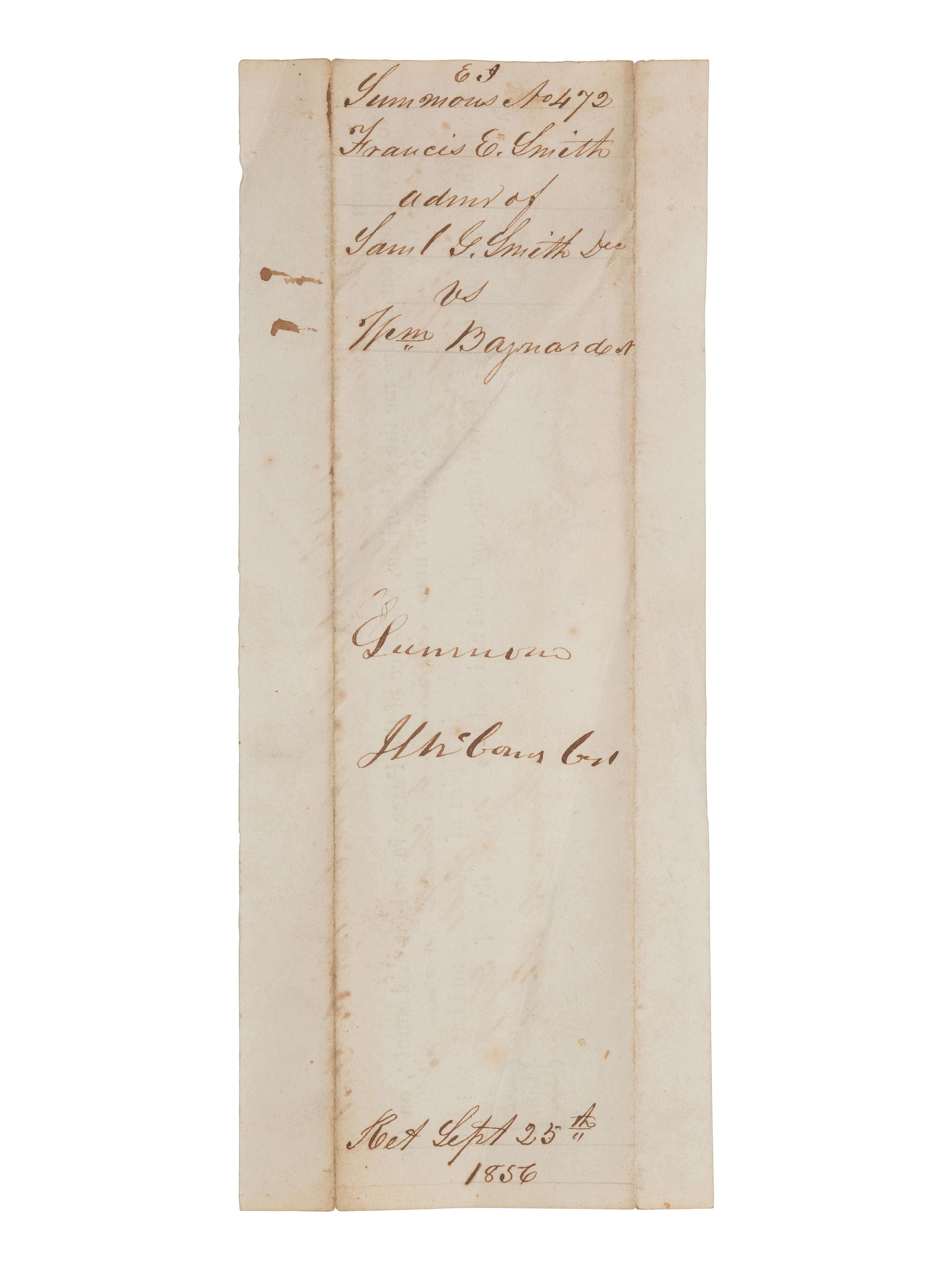 [AFRICAN AMERICANA]. Summons for free person of color William Baynard to appear in court. Caroline County, Maryland. 18 September 1856.