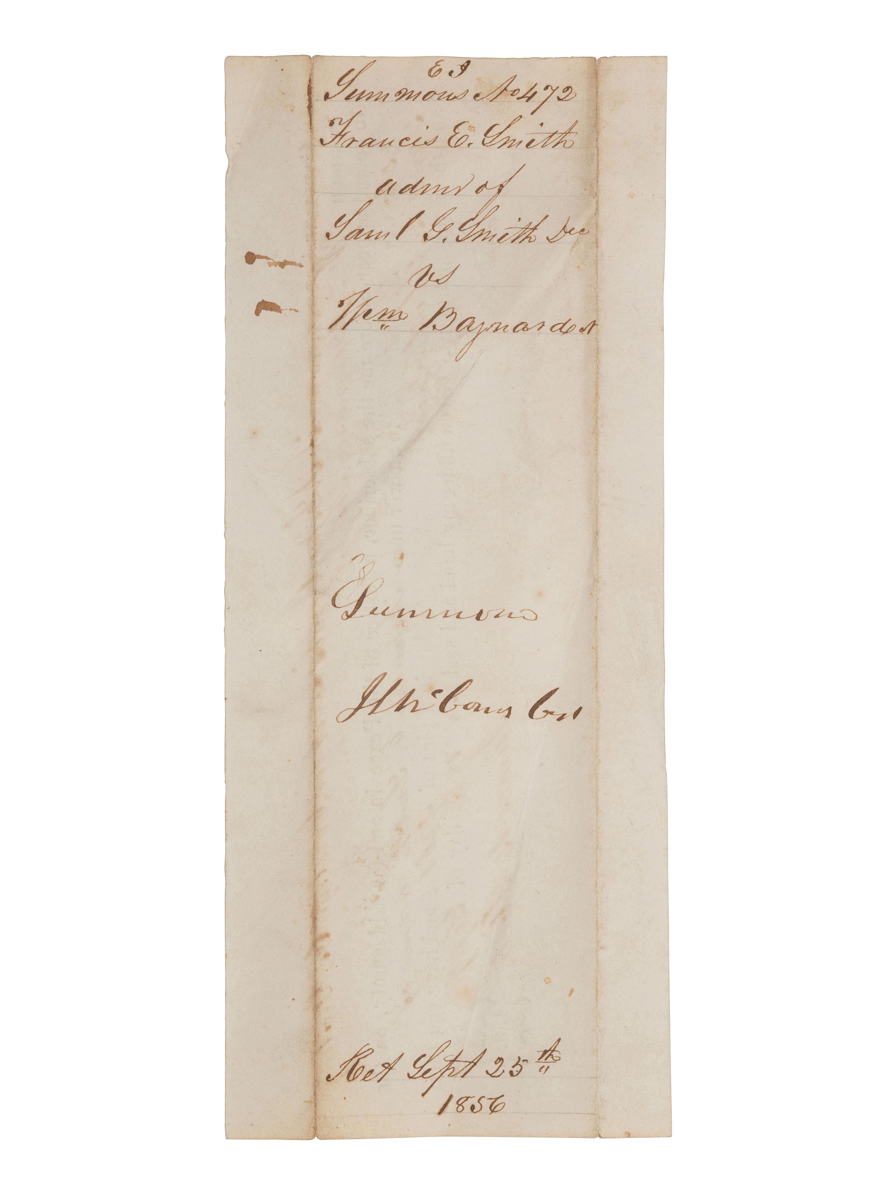 [AFRICAN AMERICANA]. Summons for free person of color William Baynard to appear in court. Caroline County, Maryland. 18 September 1856.