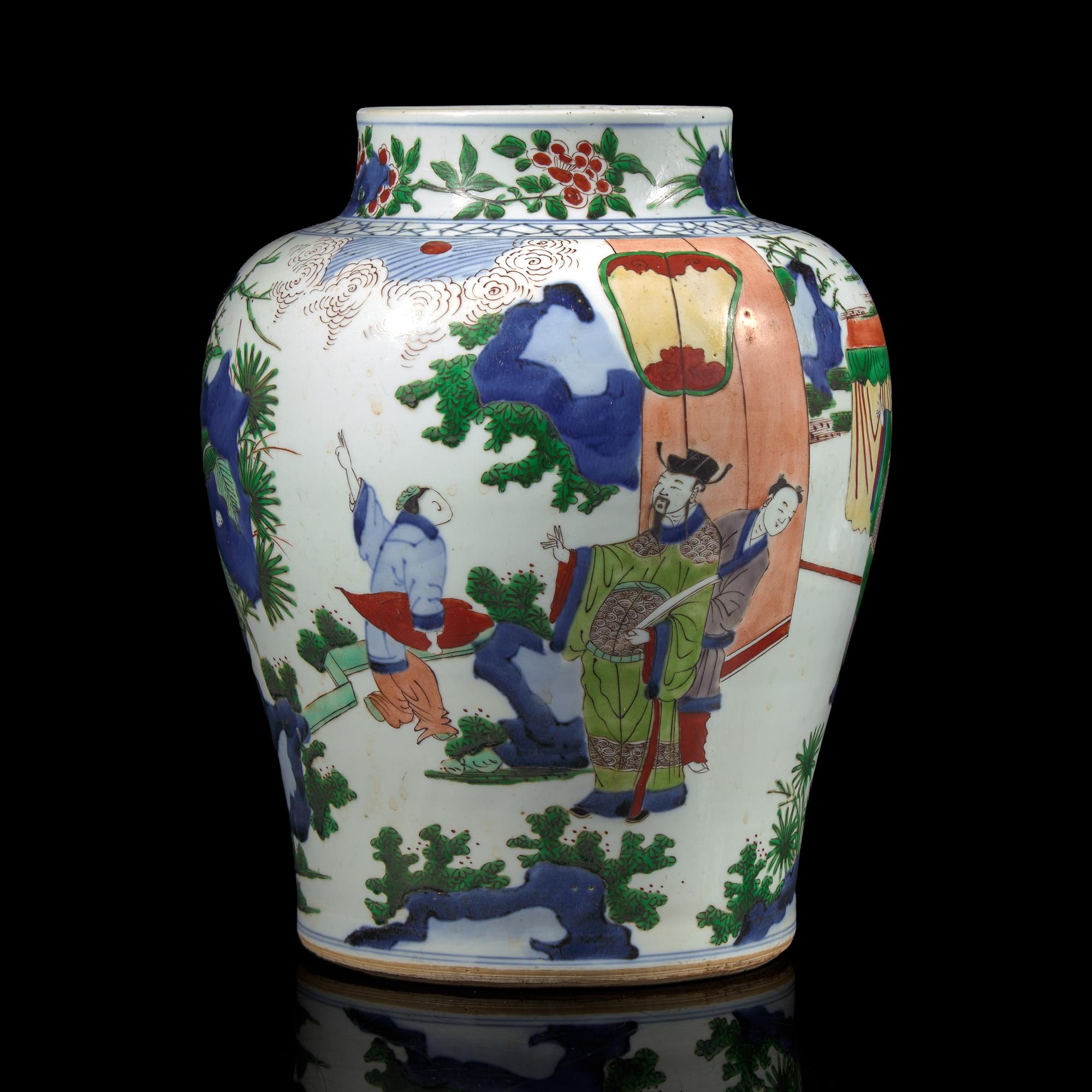 A Chinese Wucai-Decorated Porcelain Jar, 17th/18th Century — 清早期 五彩人物圖將軍罐