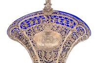 A German Silver Basket with Cobalt Glass Liner
