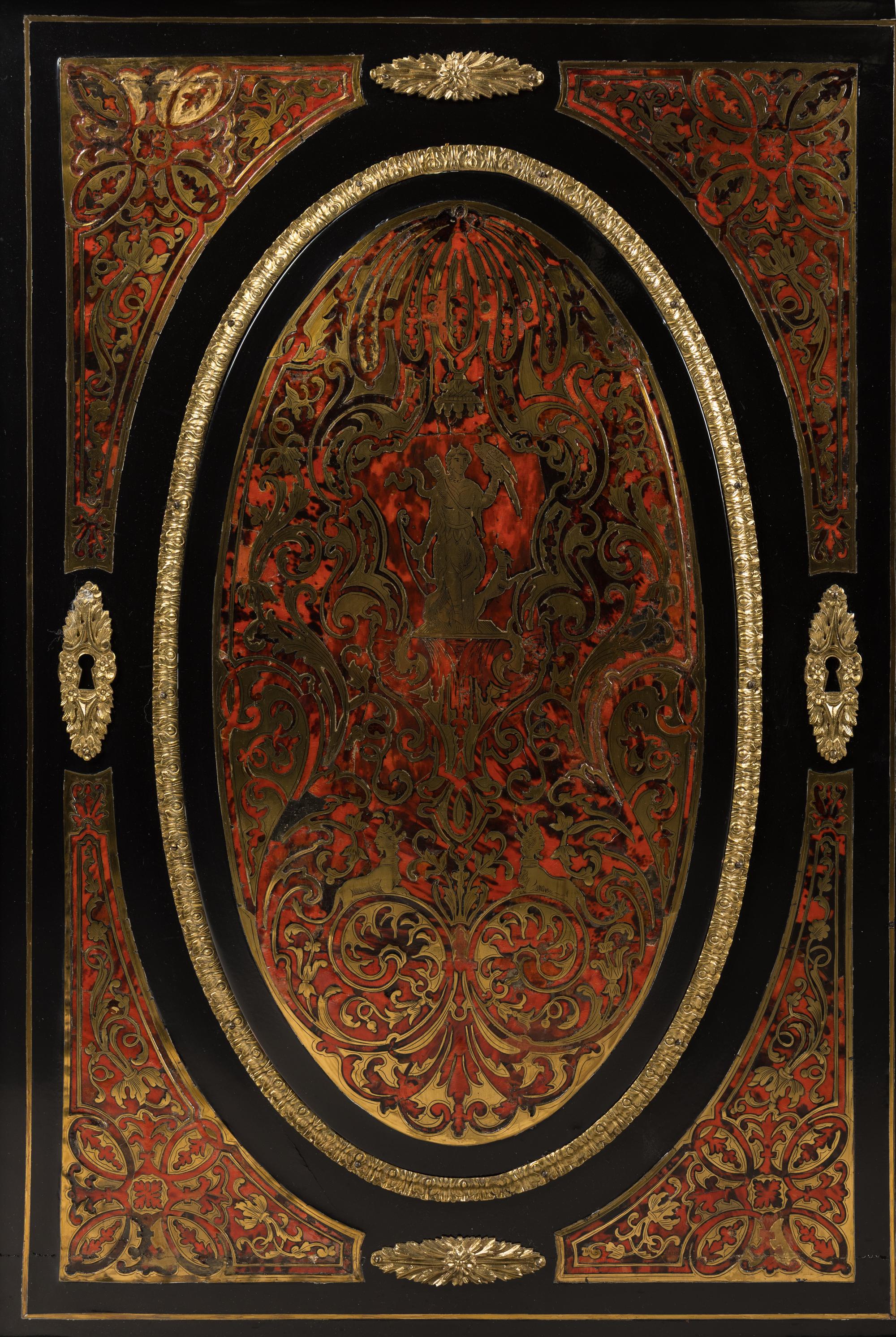A Near Pair of Napoleon III Boulle Marquetry Marble-Top Side Cabinets