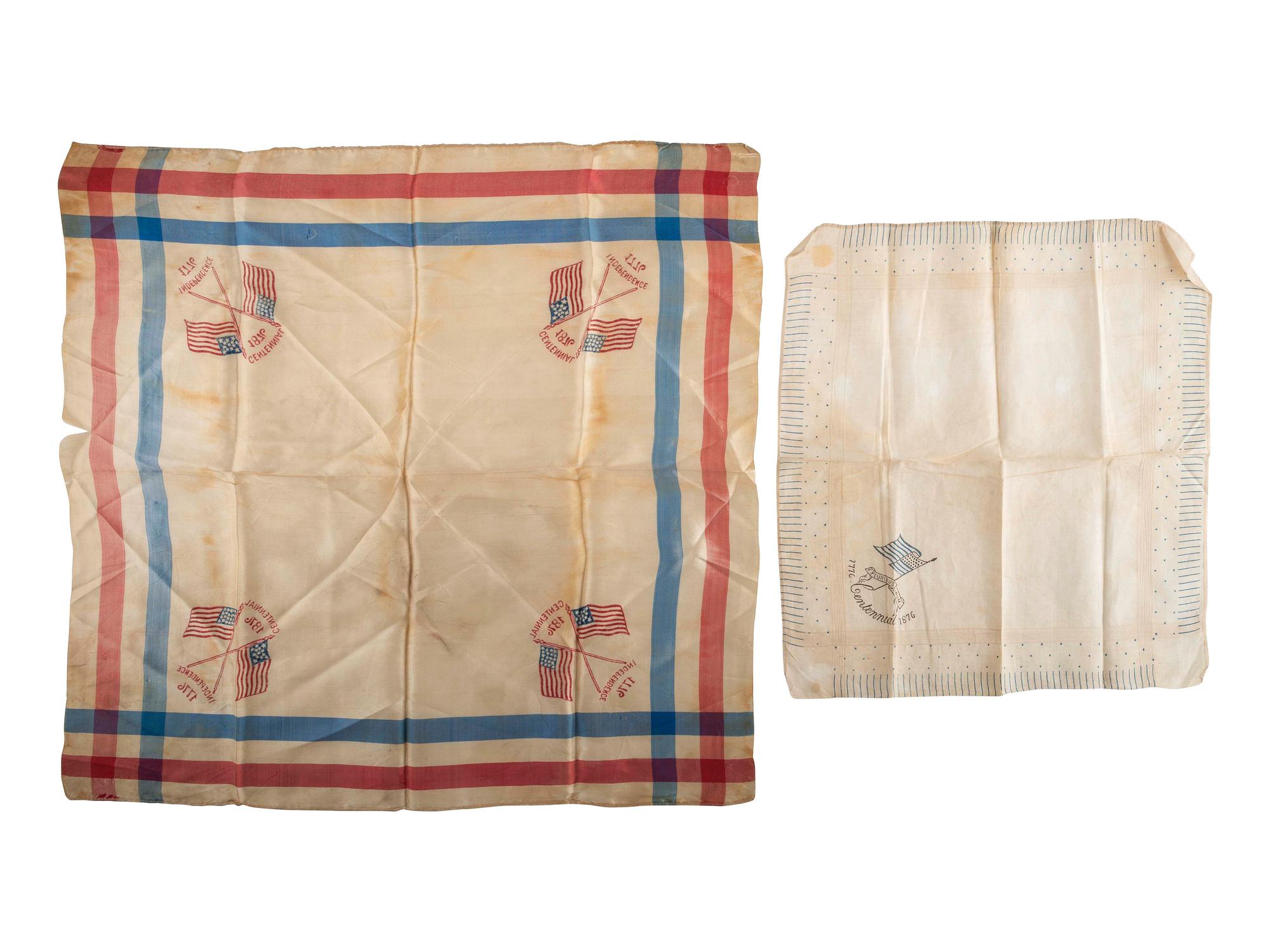 [AMERICANA -- TEXTILES]. A group of 13 handkerchiefs and other textiles commemorating the Centennial, the Founding Fathers, and other patriotic themes, including: